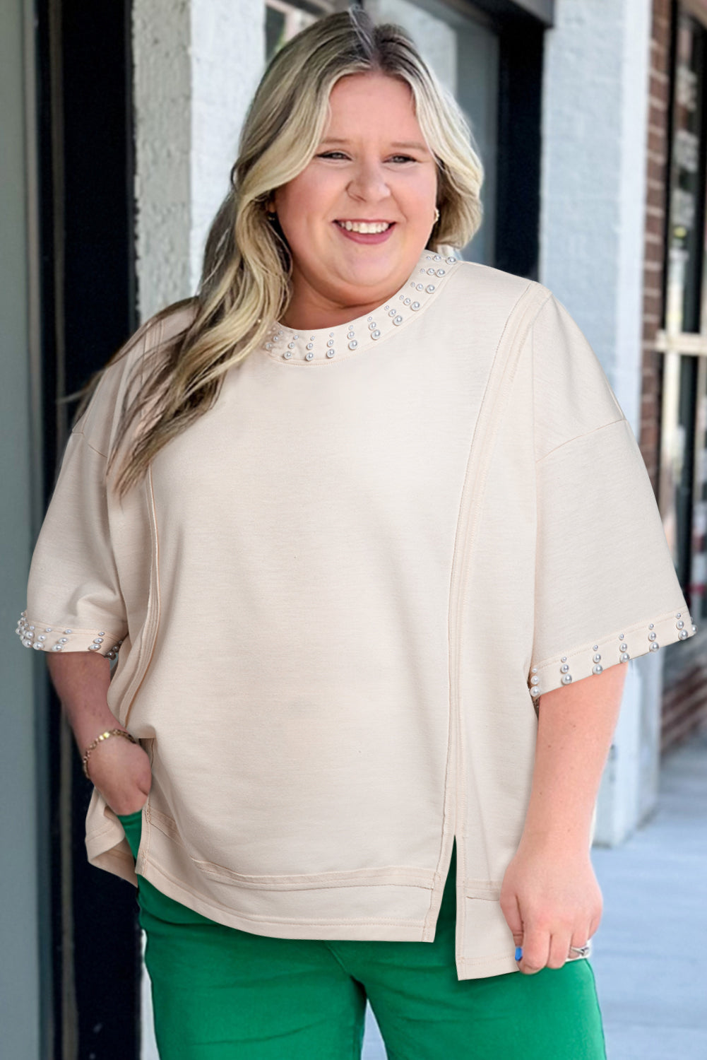 Beige Pearl Decor Crew Neck Half-Sleeve Plus Size T-Shirt