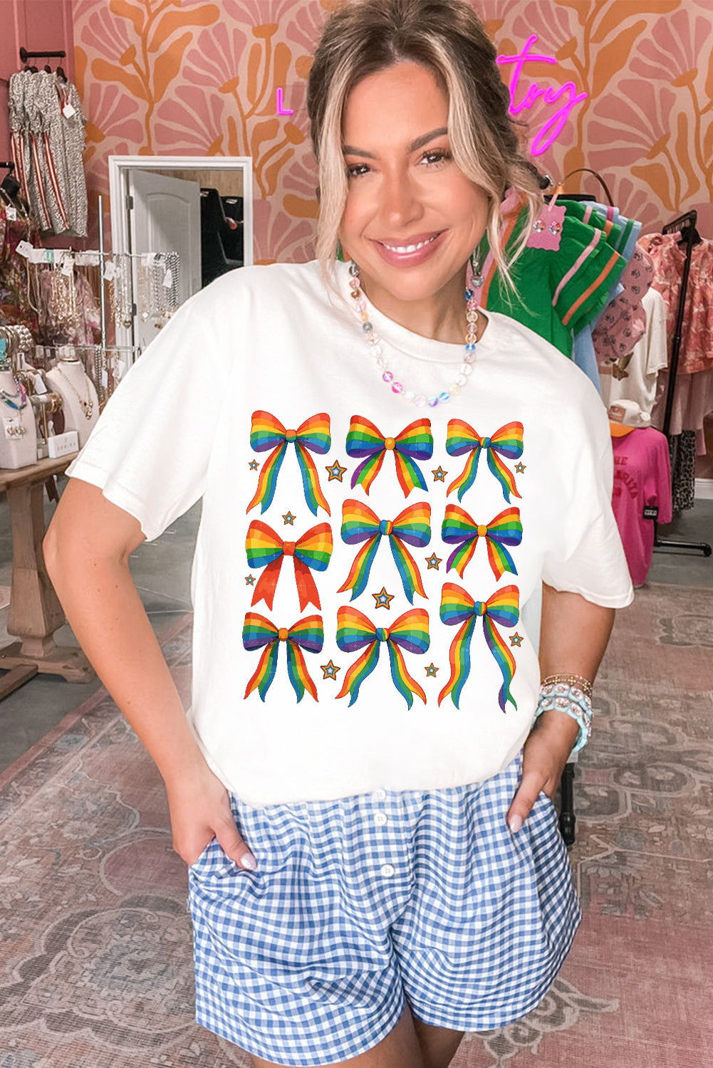 White Pride Bow Starry Print Cotton Blend T-Shirt