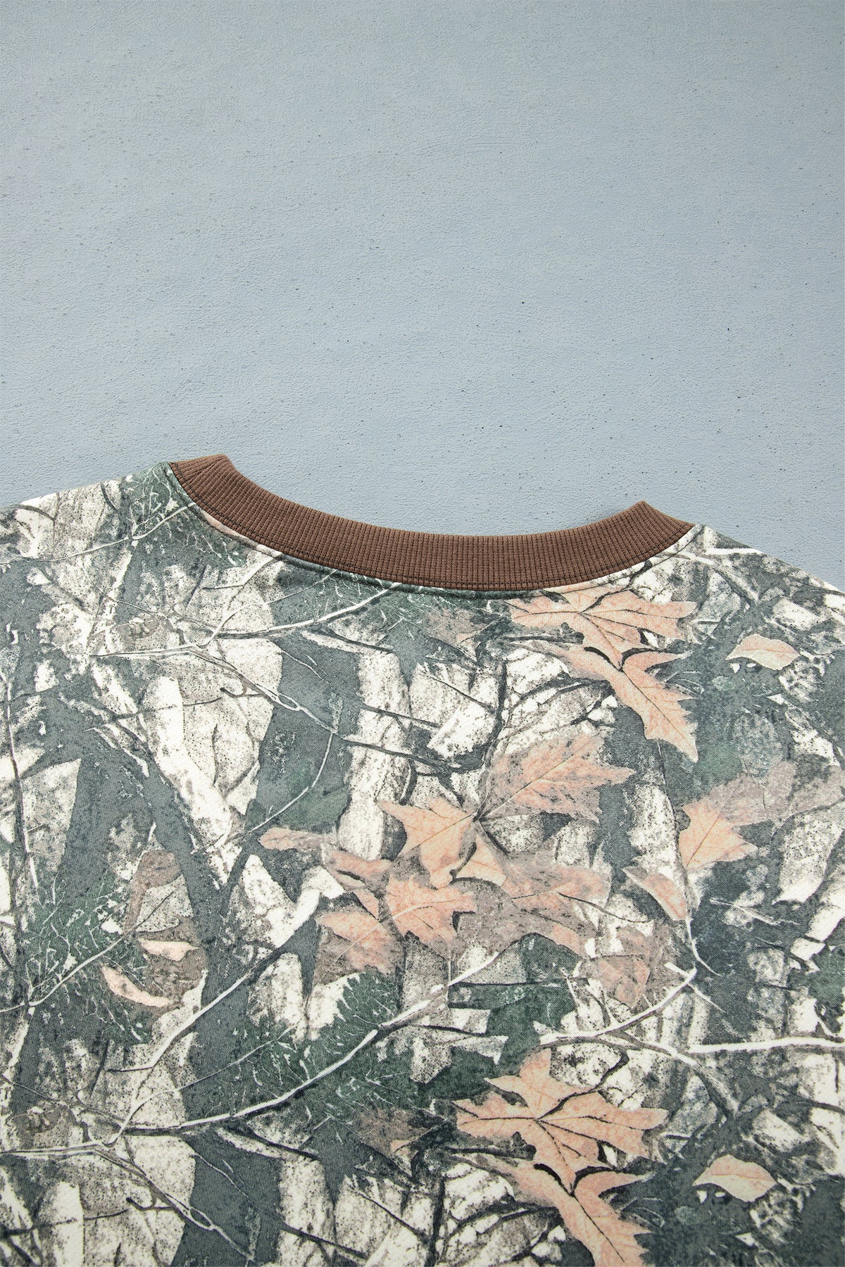 Brown Jungle Camouflage Print Ribbed Trim Long-Sleeve Top Plus Size Pant Set