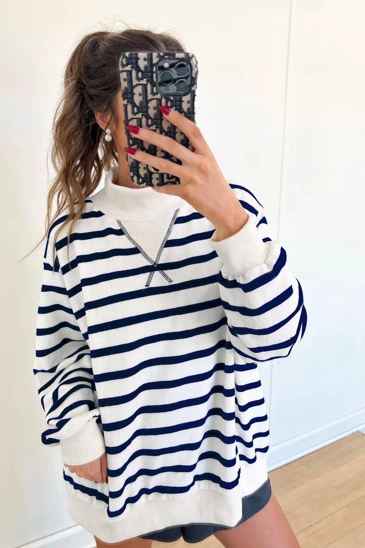 Blue Stripe Striped Stand Neck Ribbed Cuff Hem Sweatshirt