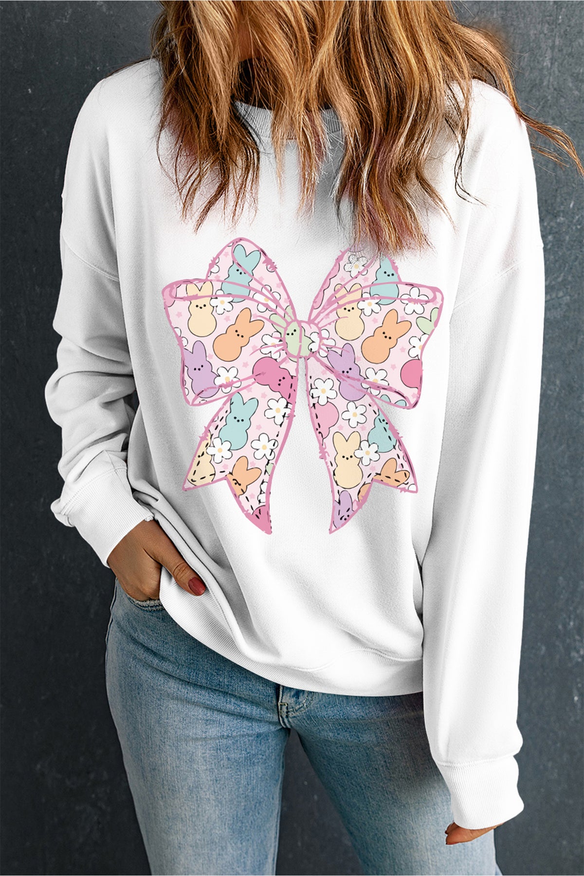 White Easter Bunny Bow Printed Casual Sweatshirt
