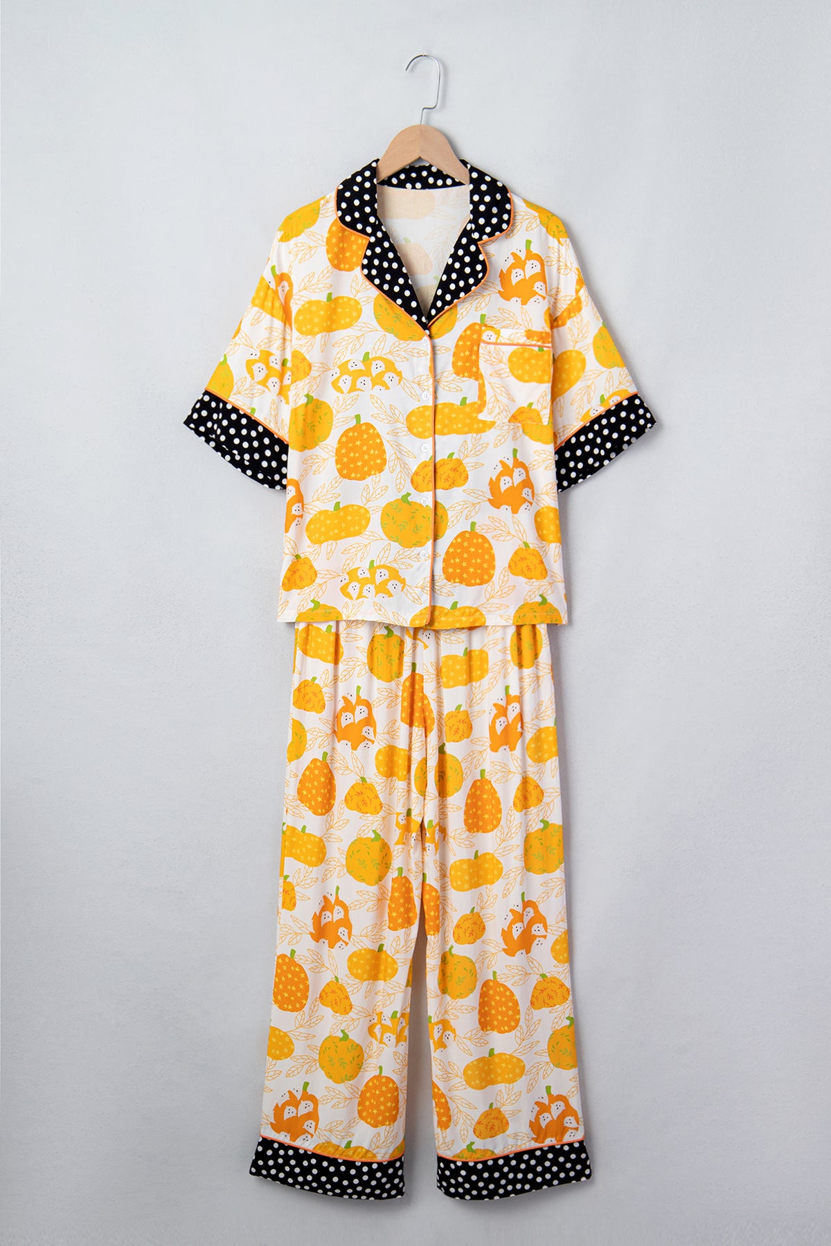Orange Pumpkin Print Polka Dot Trim Short Sleeve Lounge Set