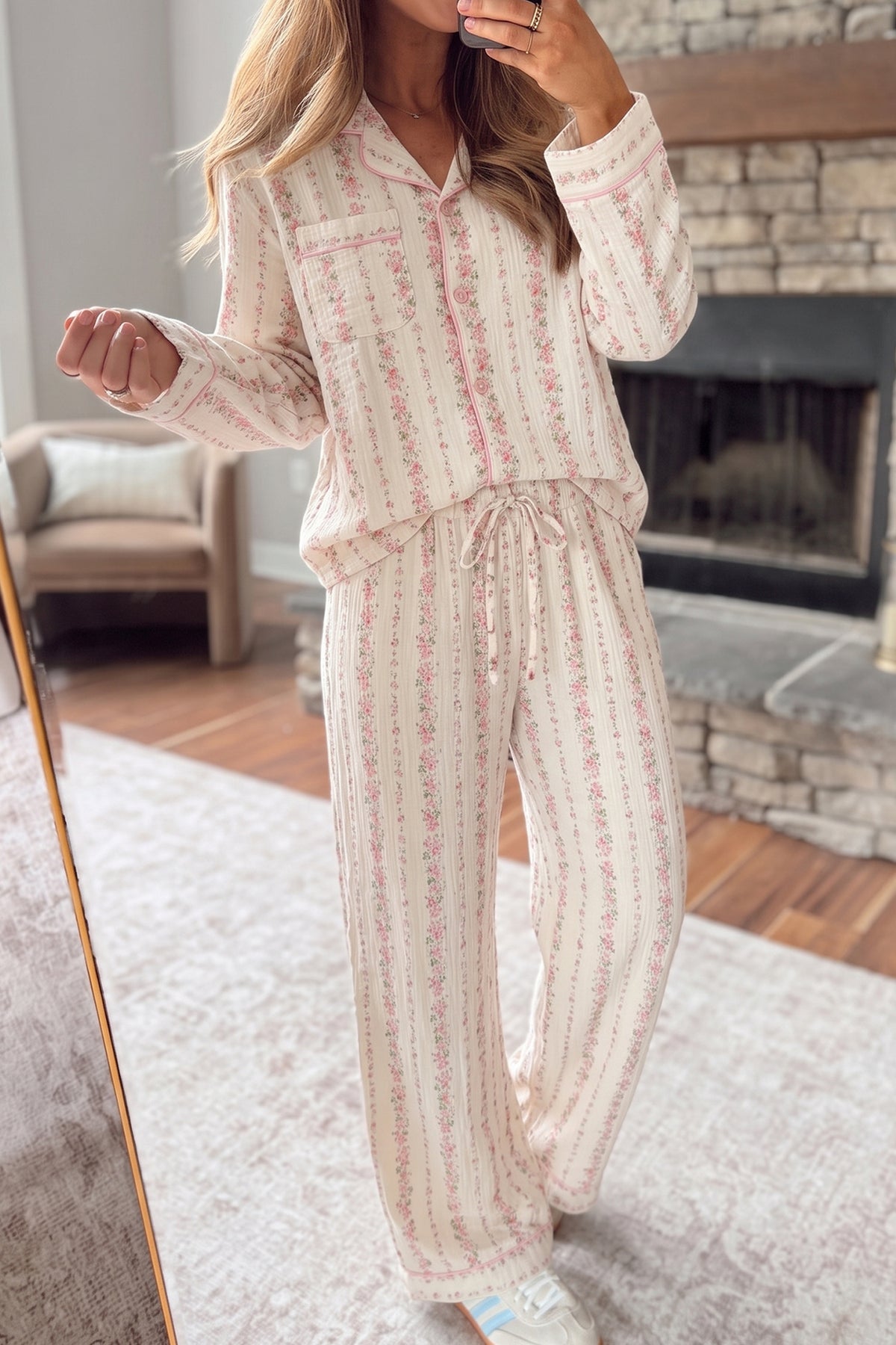 Pink Floral Print Long Sleeve Button Front Shirt Pajama Pants Set