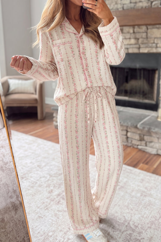 Pink Floral Print Long Sleeve Button Front Shirt Pajama Pants Set