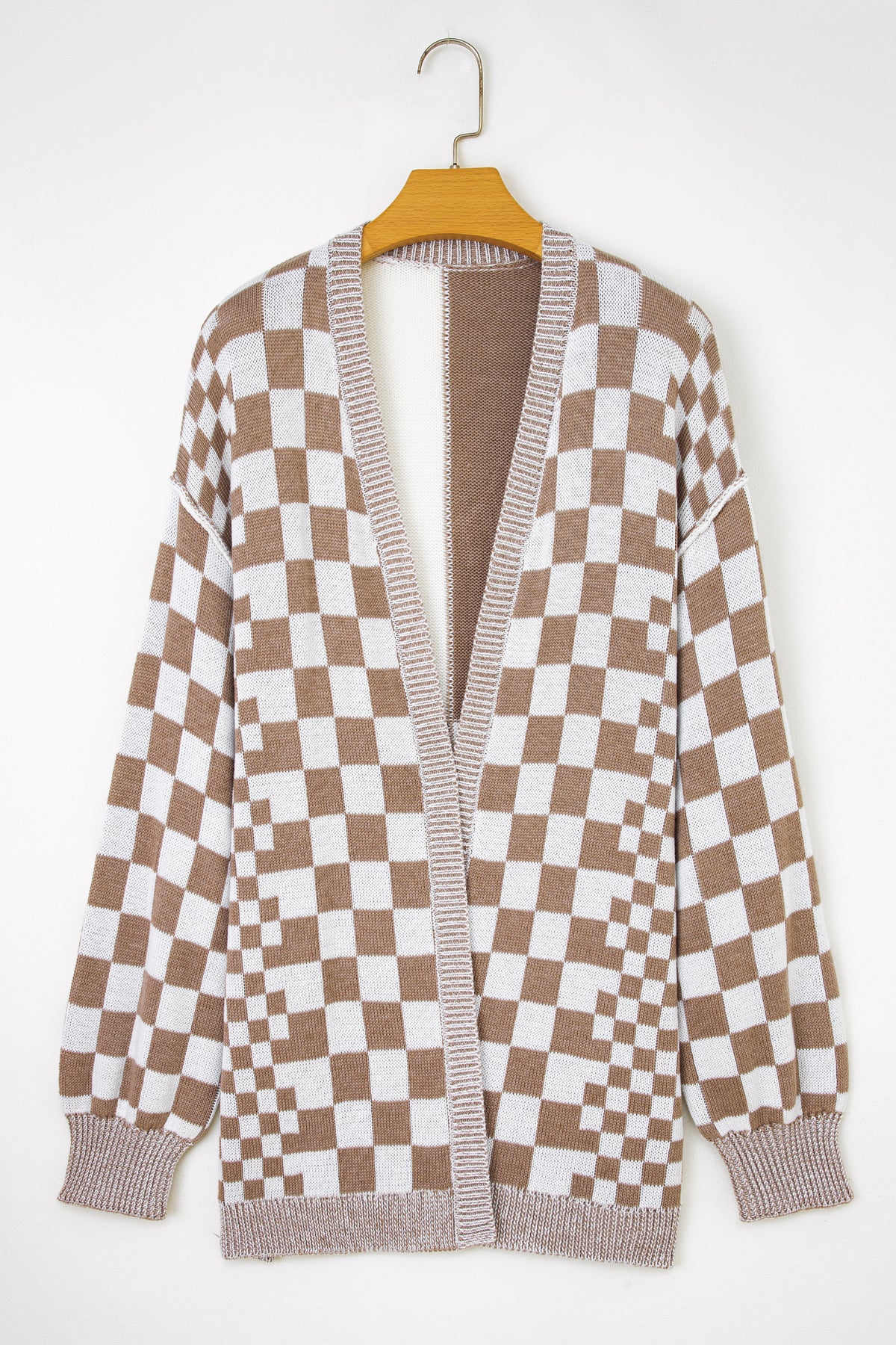 Orange Plus Size Checkered Bubble Sleeve Drop-Shoulder Open Cardigan