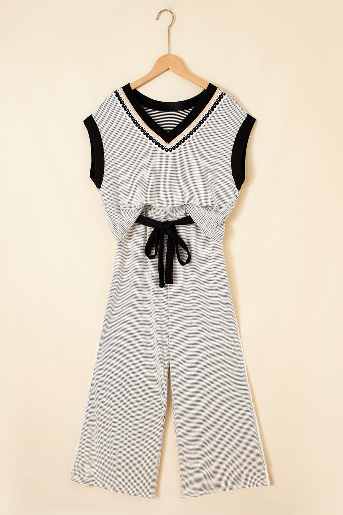 Women's Beige Stylish Knit Lace Colorblock Trim V-Neck Tank Drawstring Wide-Leg Pants Set