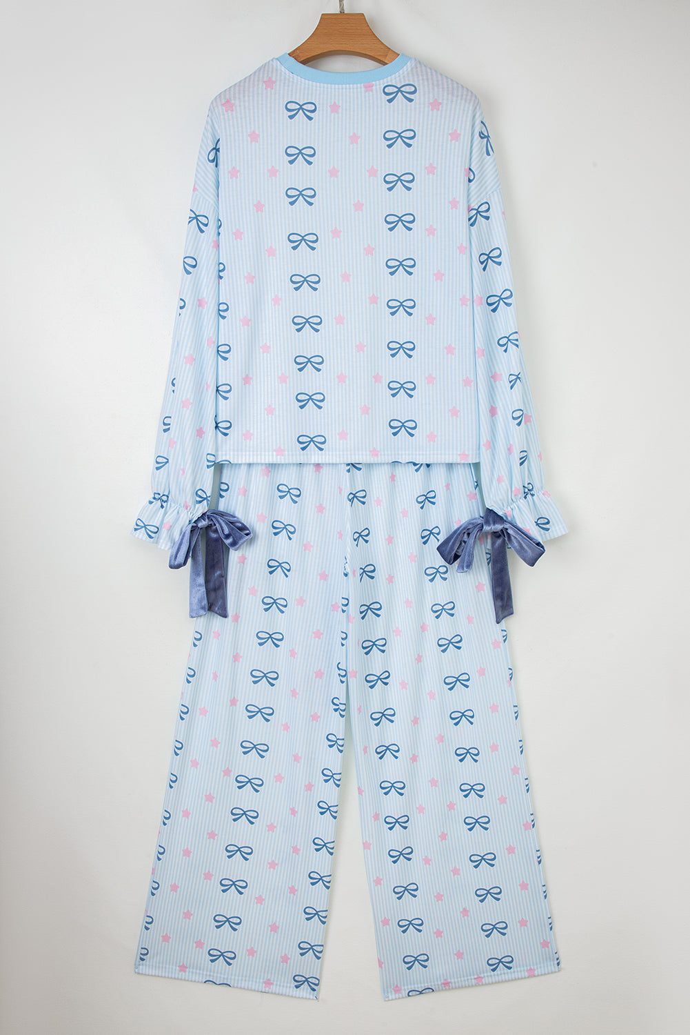 Sky Blue Stripe Bow Star Print Tied Detail Lounge Set
