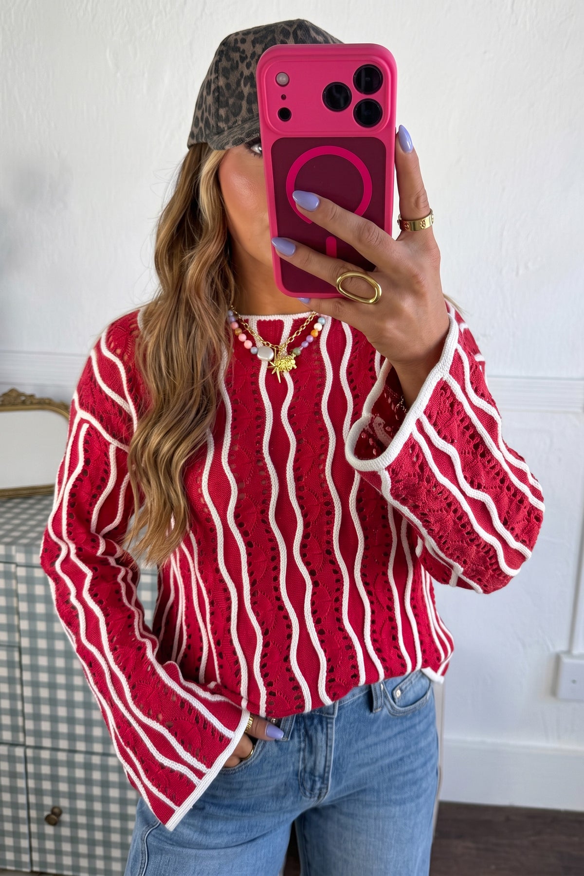 Racing Red Wavy Hollow Out Knit Long Sleeve Cotton Pullover Sweater