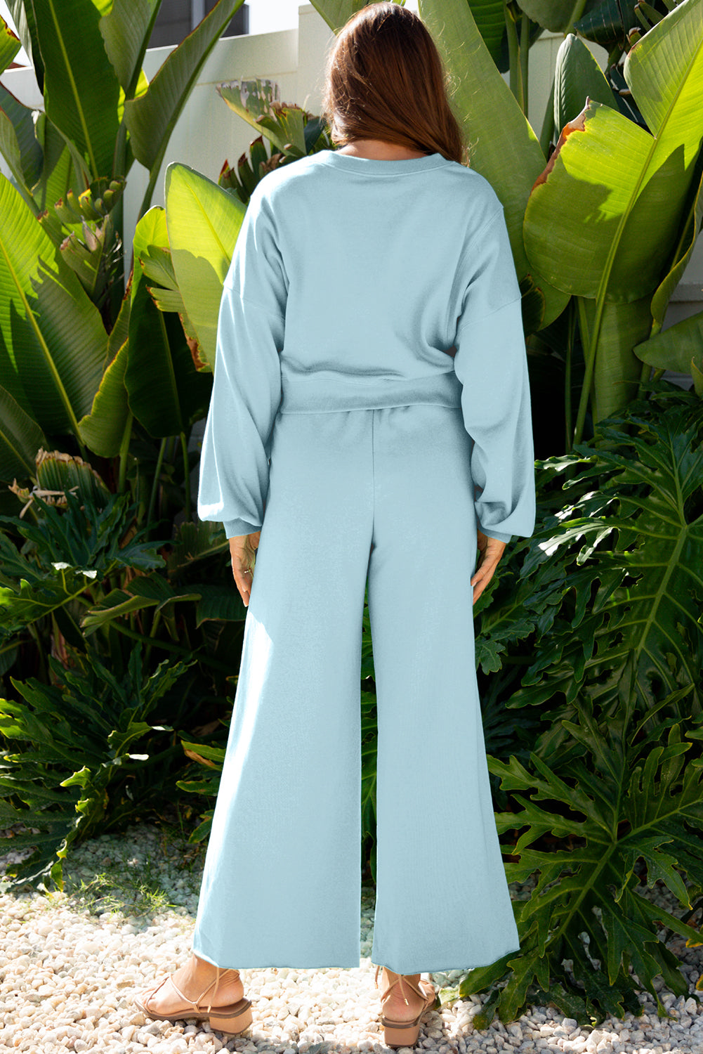 Women's Mist Blue Drop Shoulder Puff Sleeve Crop Pullover Wide Leg Pants Set