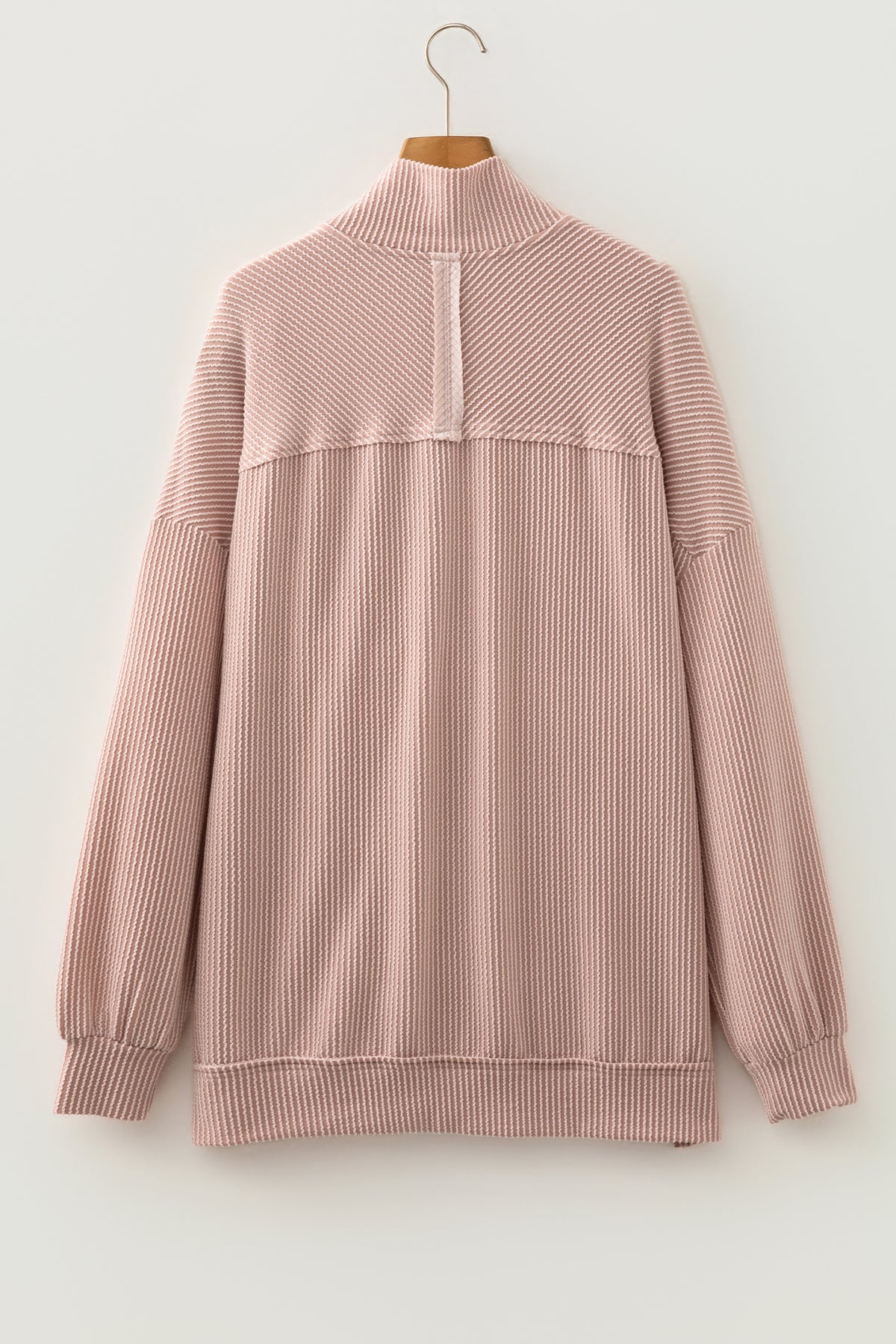 Oatmeal Twist Ribbed Zipper Collar Drop Shoulder Top