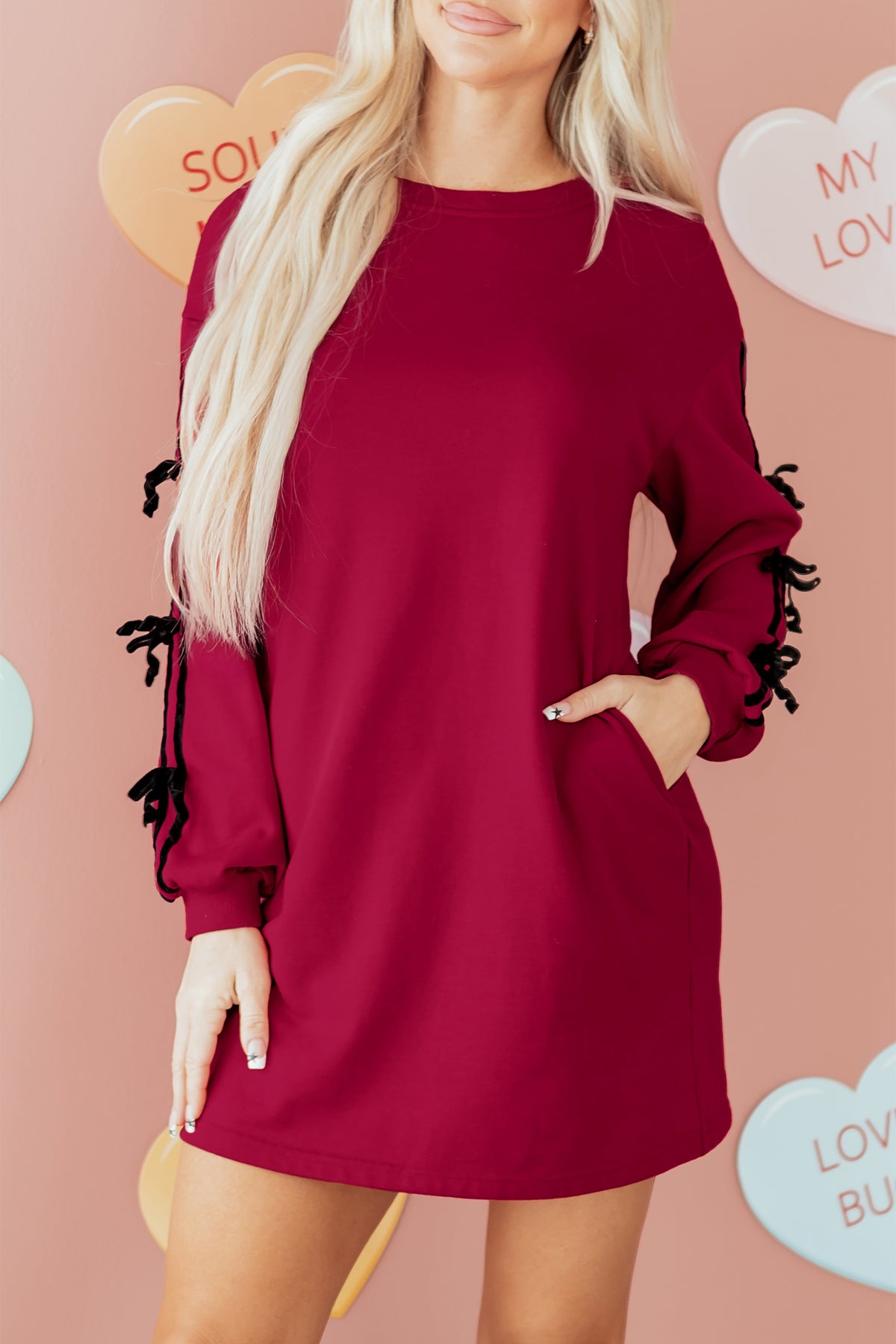 Racing Red Contrast Striped Bow Detail Sweatshirt Dress with Pockets