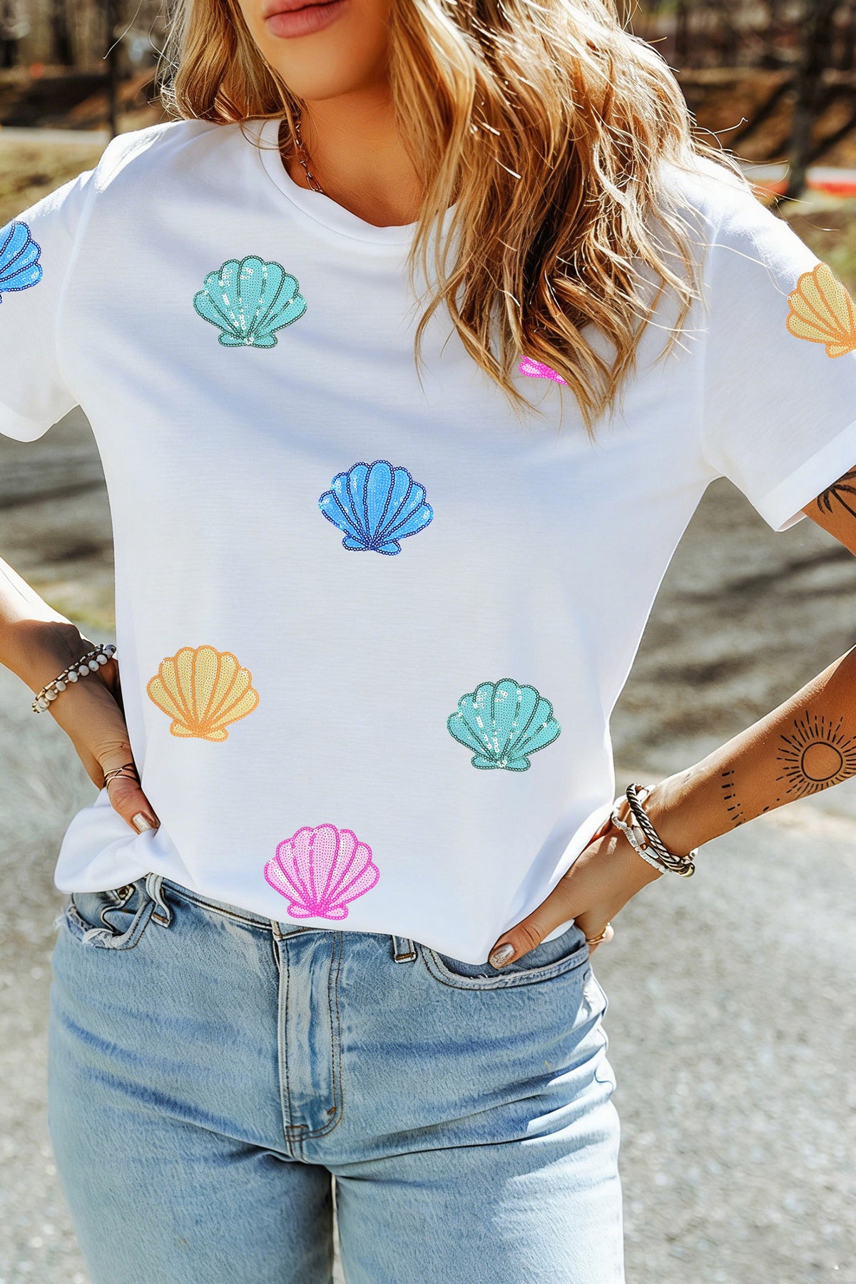 White Sequin Shell Graphic Summer Loose T-Shirt