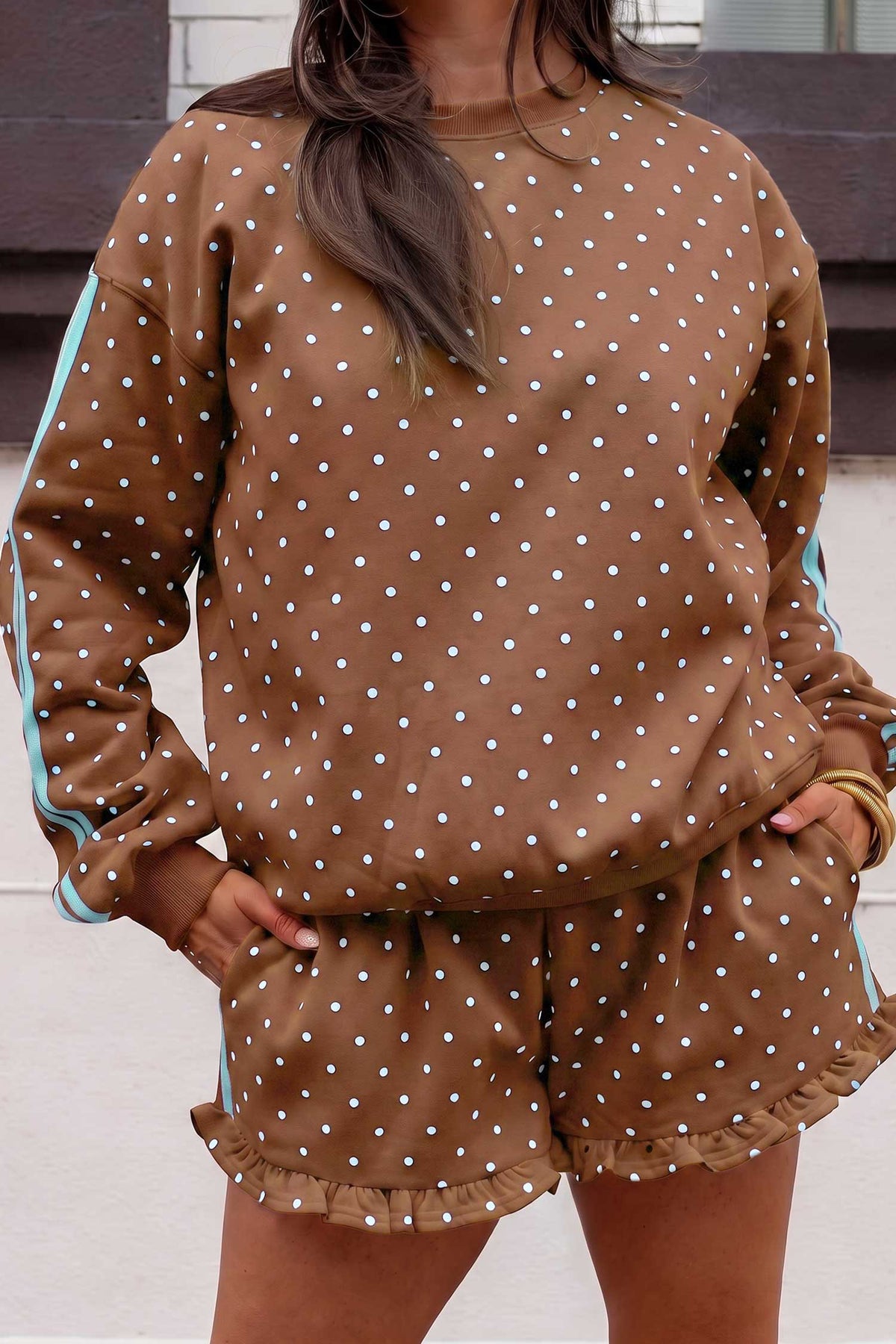 Brown Polka Dot Side Stripe Sweatshirt and Shorts Set