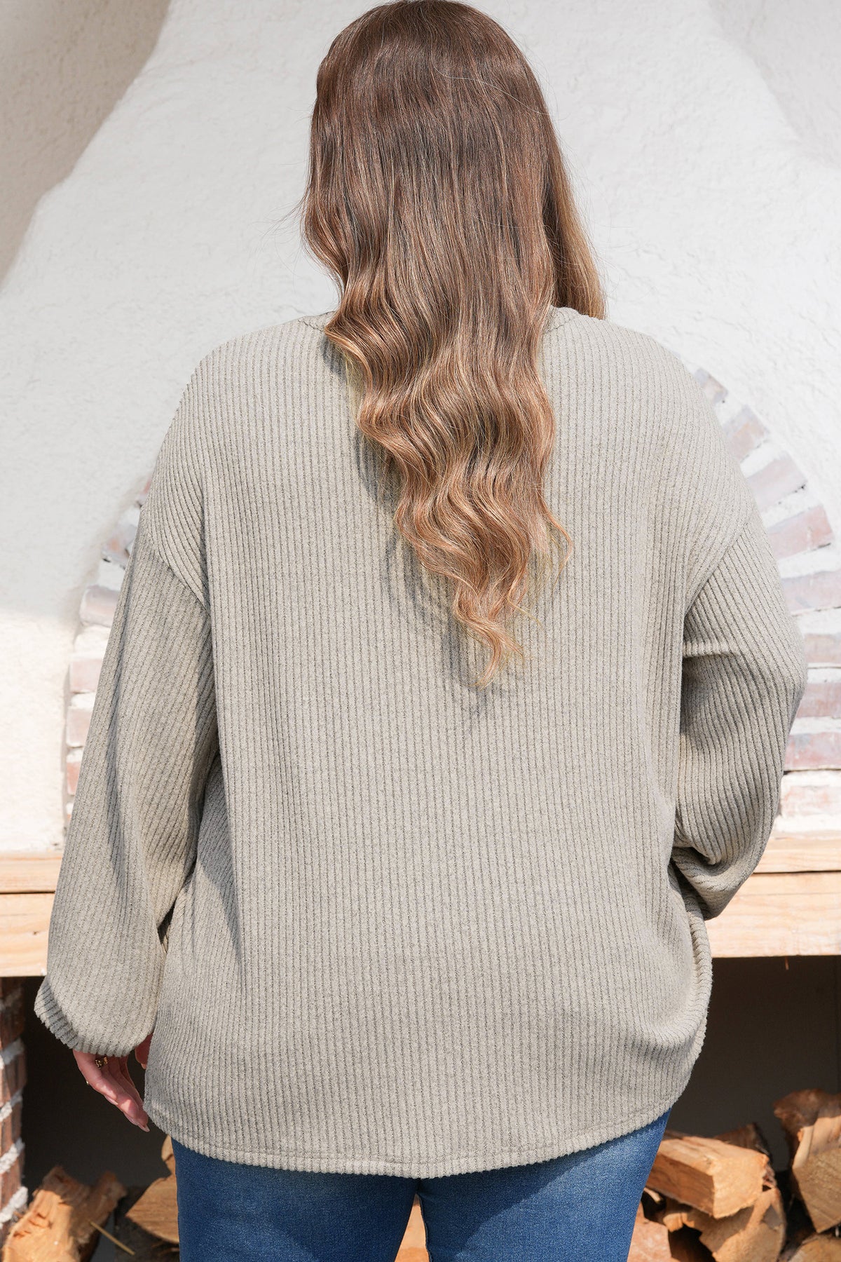 Simply Taupe Plus Size Ribbed Knit Kangaroo Pocket Henley Long-Sleeve Top