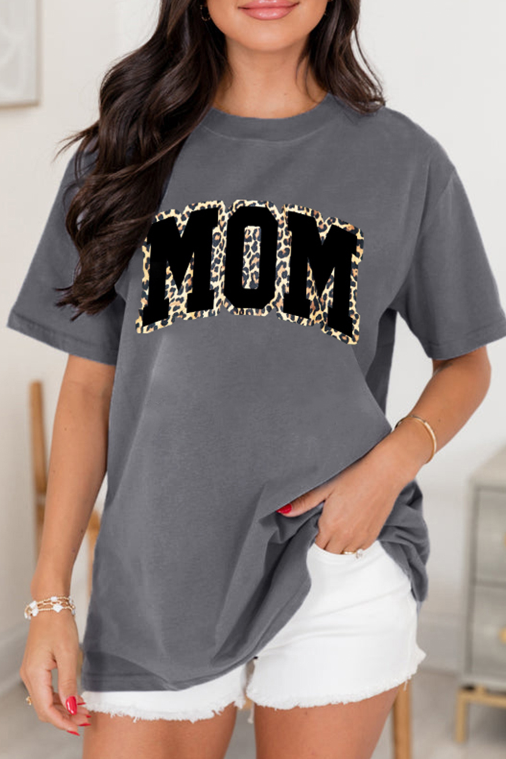 Gray Leopard MOM Graphic Crewneck Mothers Day T-Shirt