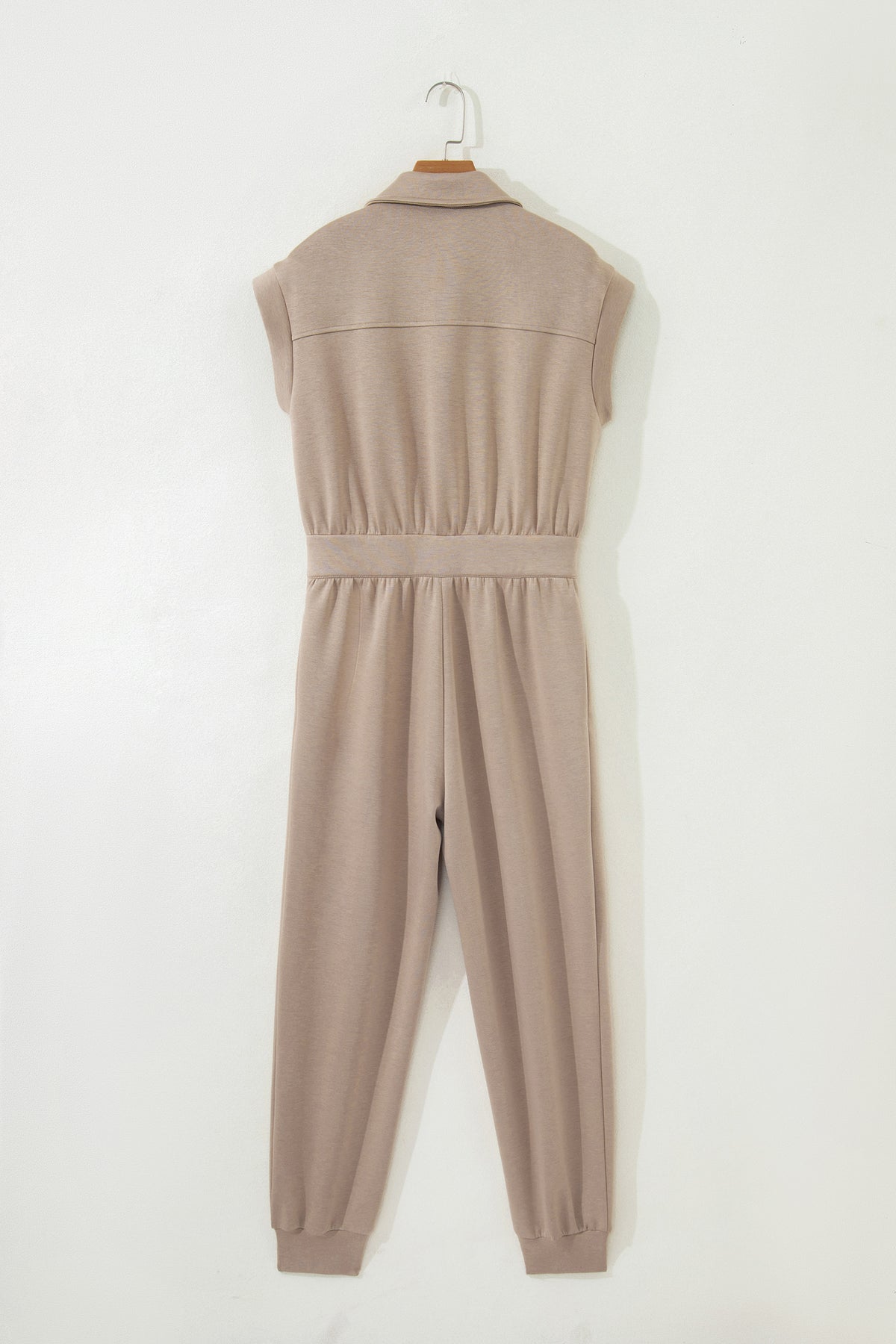 Dark Khaki Solid Zip Front Short Sleeve Collared Jumpsuit