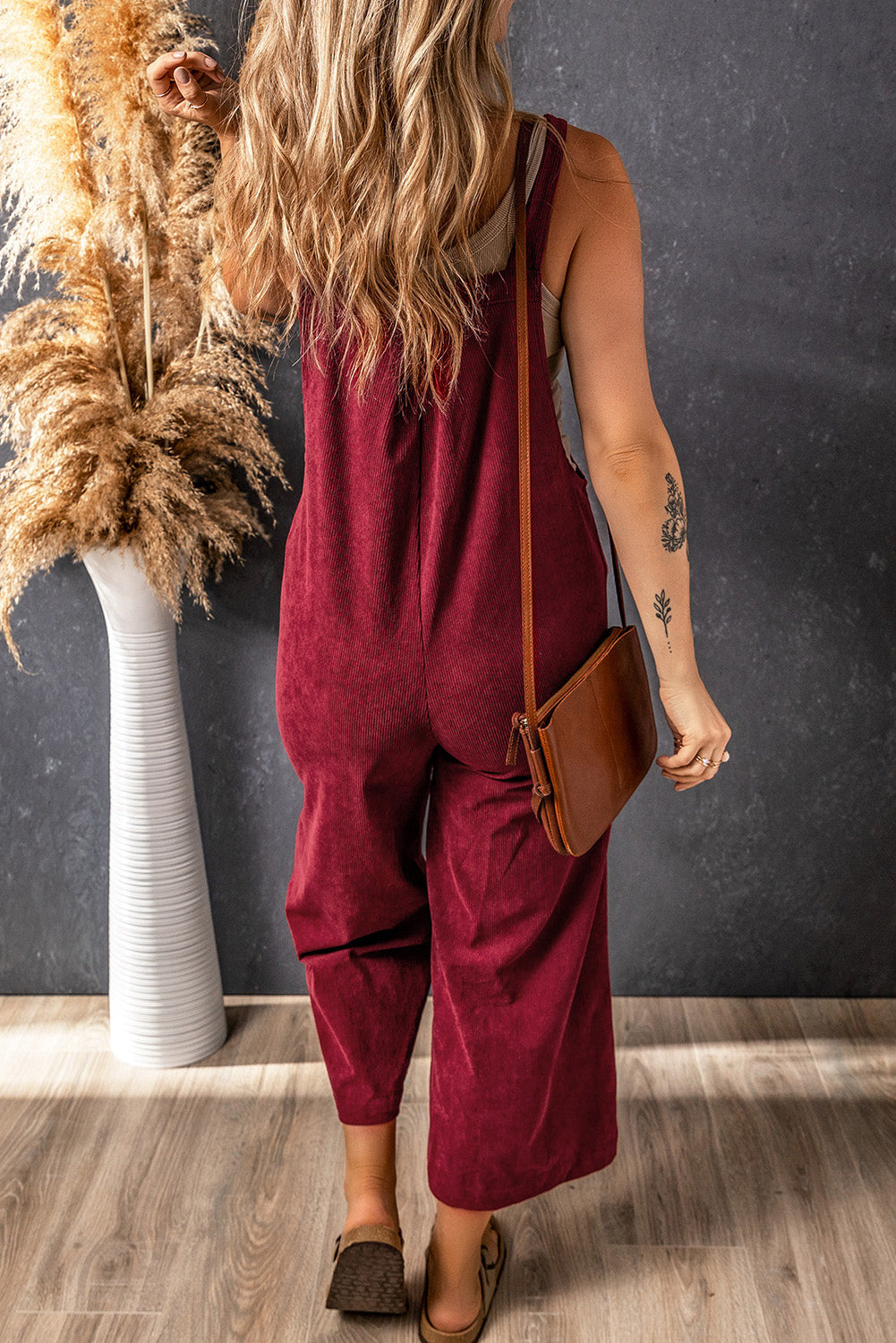 Brown Solid Corduroy Wide Leg Bib Overalls