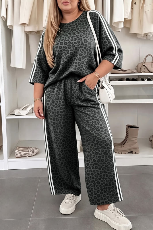 Gray Leopard Print Bracelet Sleeve Top Plus Size Pants Set