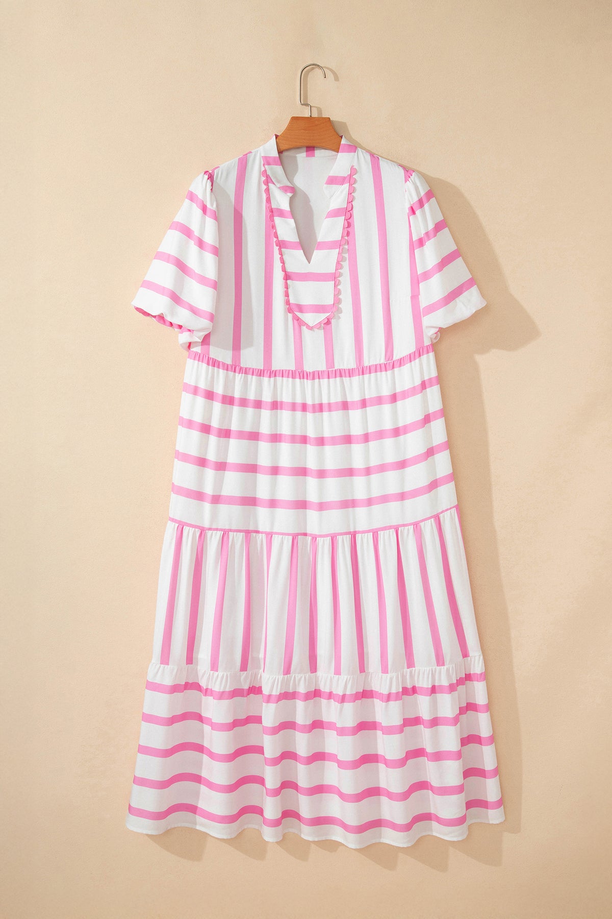 Pink Stripe Plus Size V-Neck Short Puff Sleeve Tiered Maxi Dress