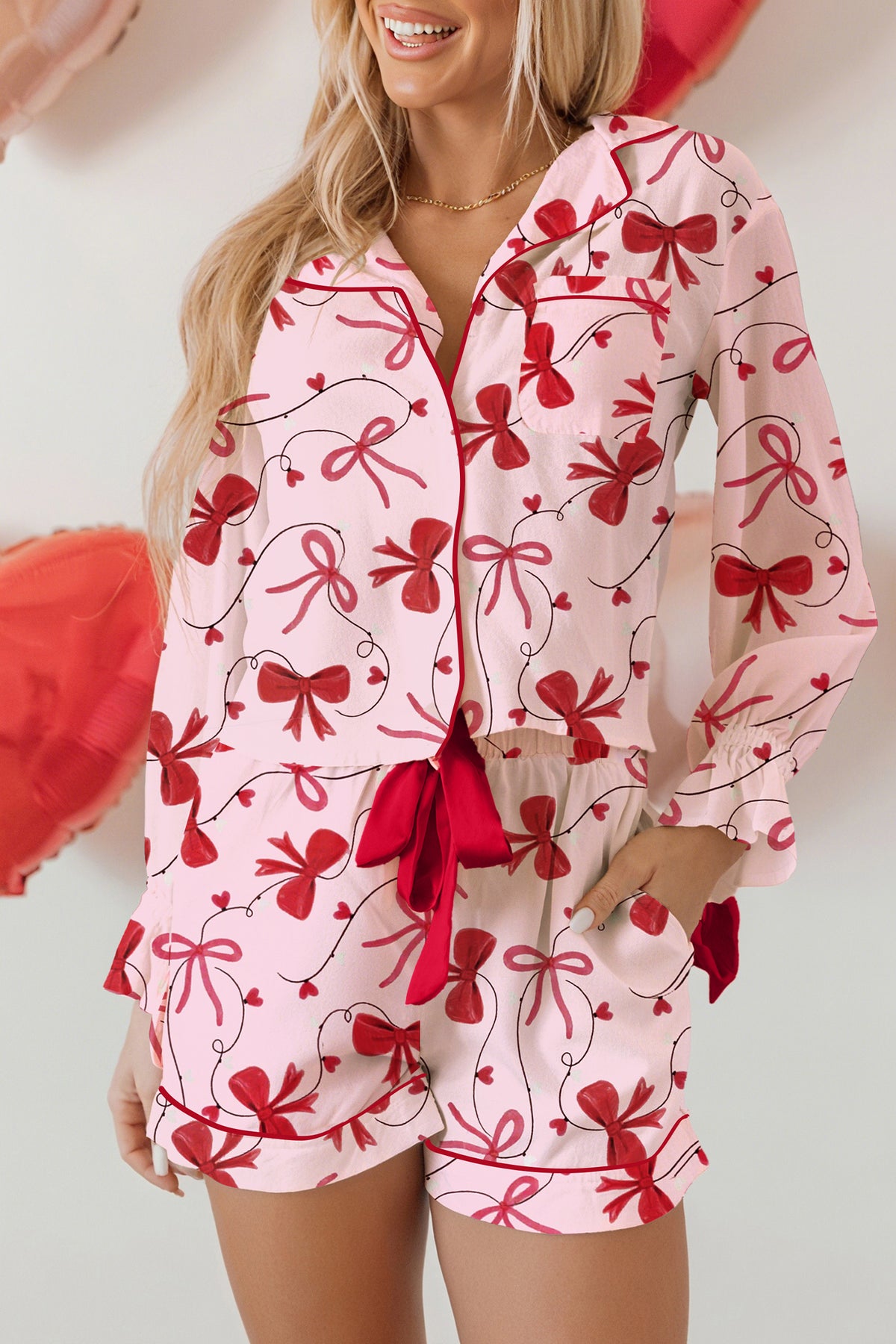 Red Bow Print Valentine Long Sleeve Shirt Shorts Pajama Set