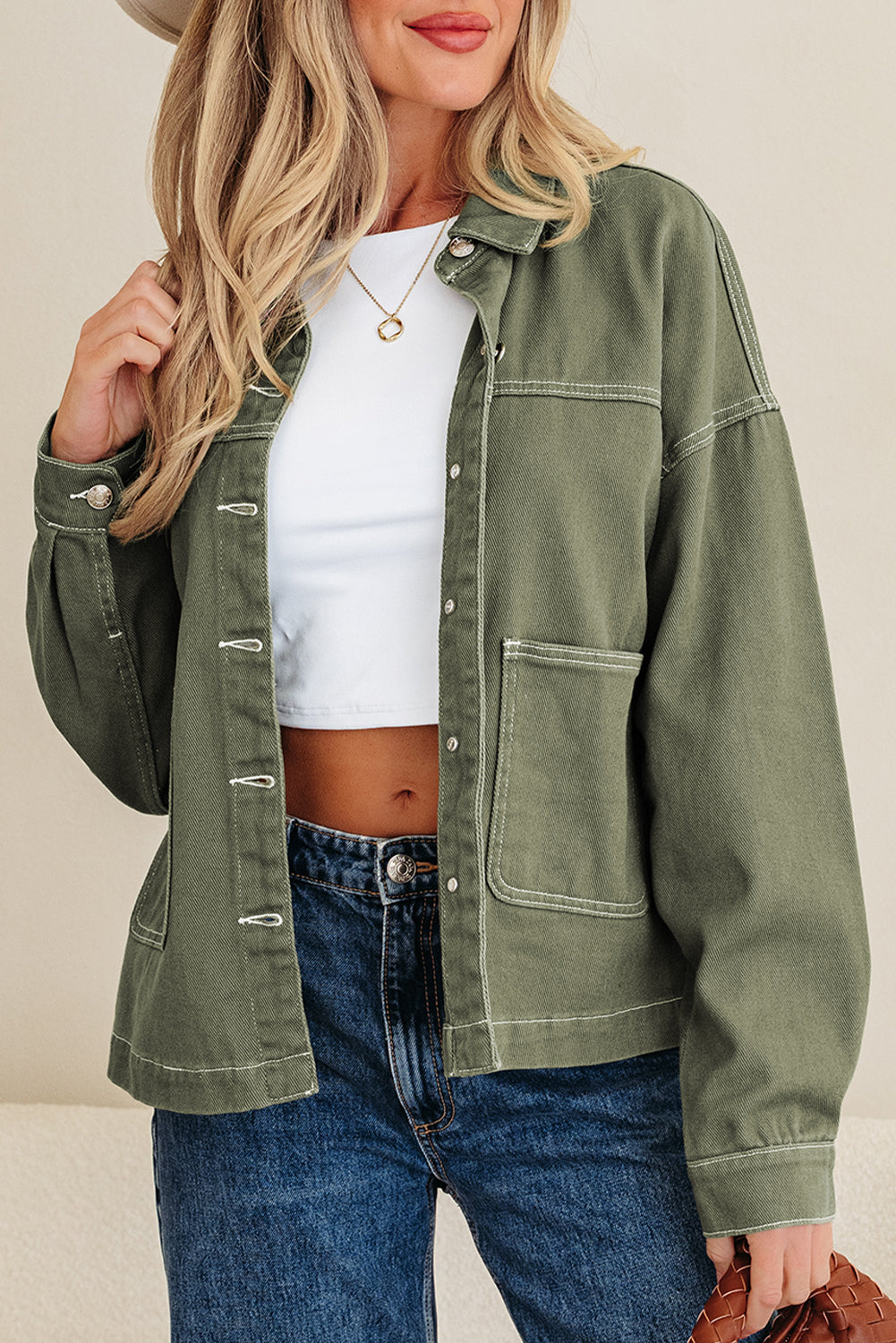 Smoke Green Patched Pocket Collared Boyfriend Denim Jacket