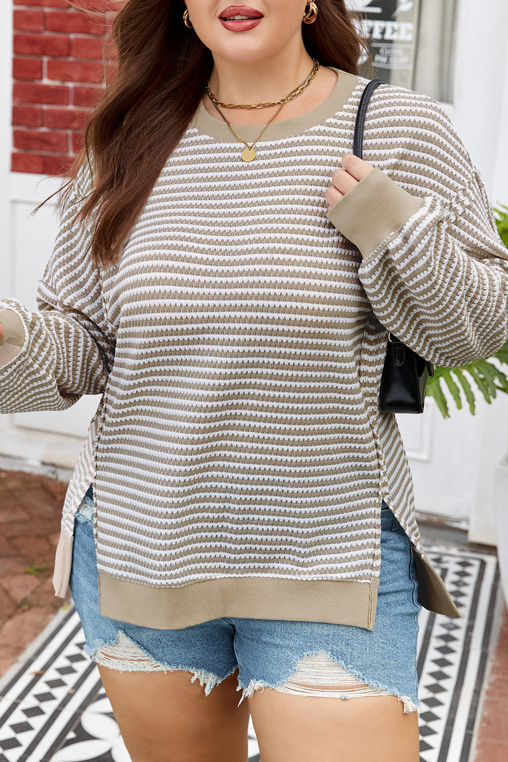 Brown Stripe Plus Size Breathable Knit Ribbed Trim Long-Sleeve Top