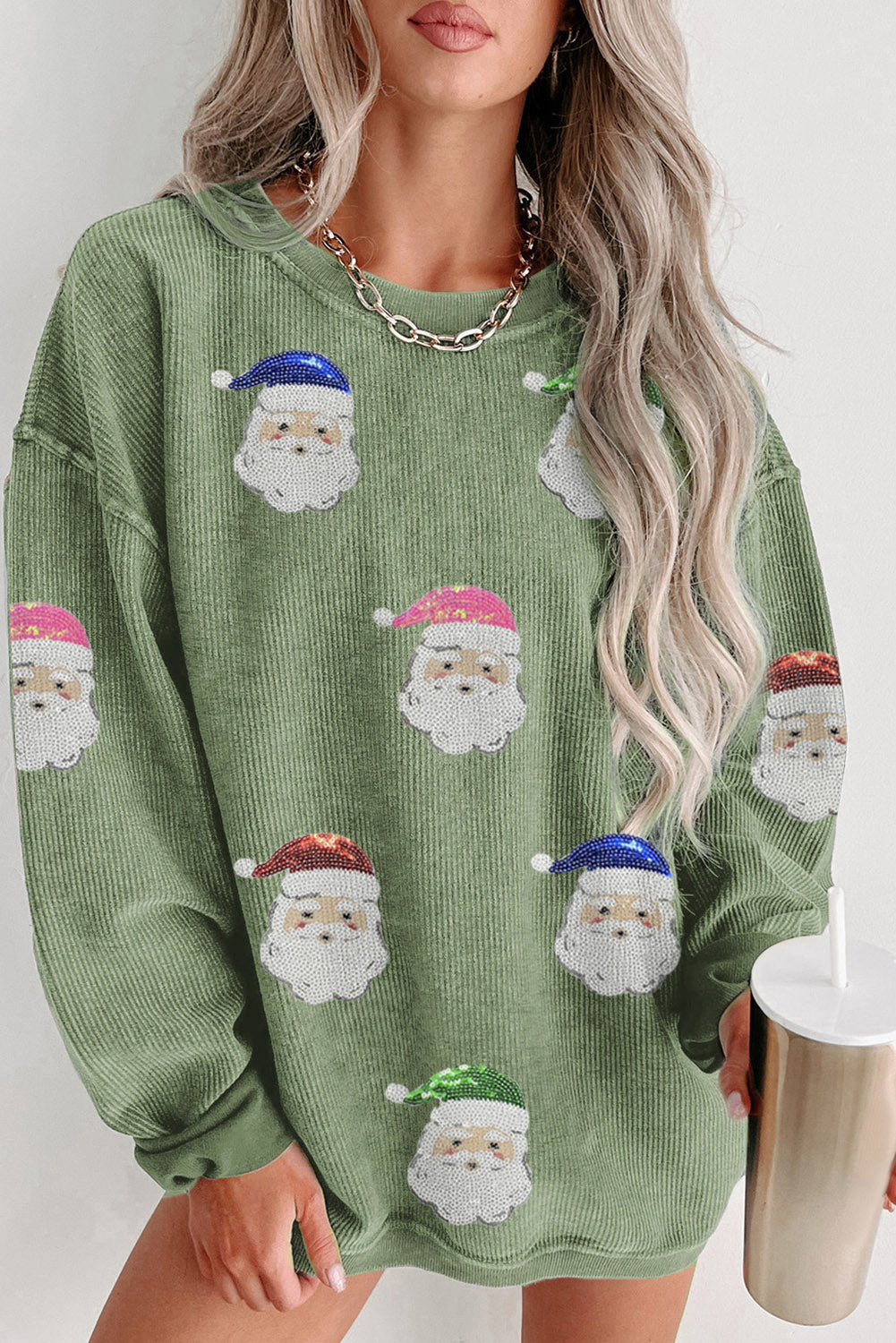 Grass Green Corded Ribbed Sequin Patched Santa Claus Graphic Sweatshirt