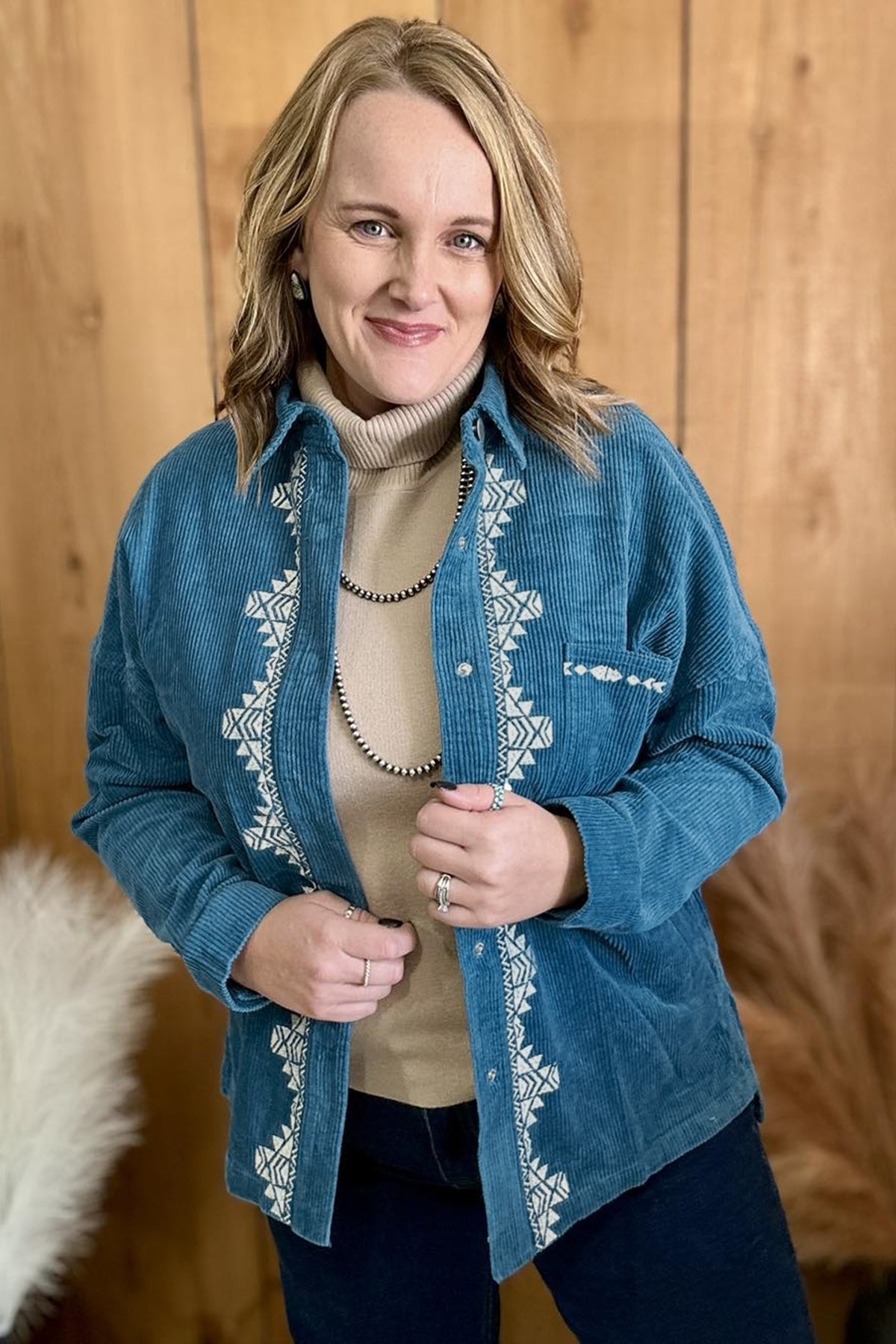 Blue Embroidered Corduroy V-Neck Plus Size Shirt