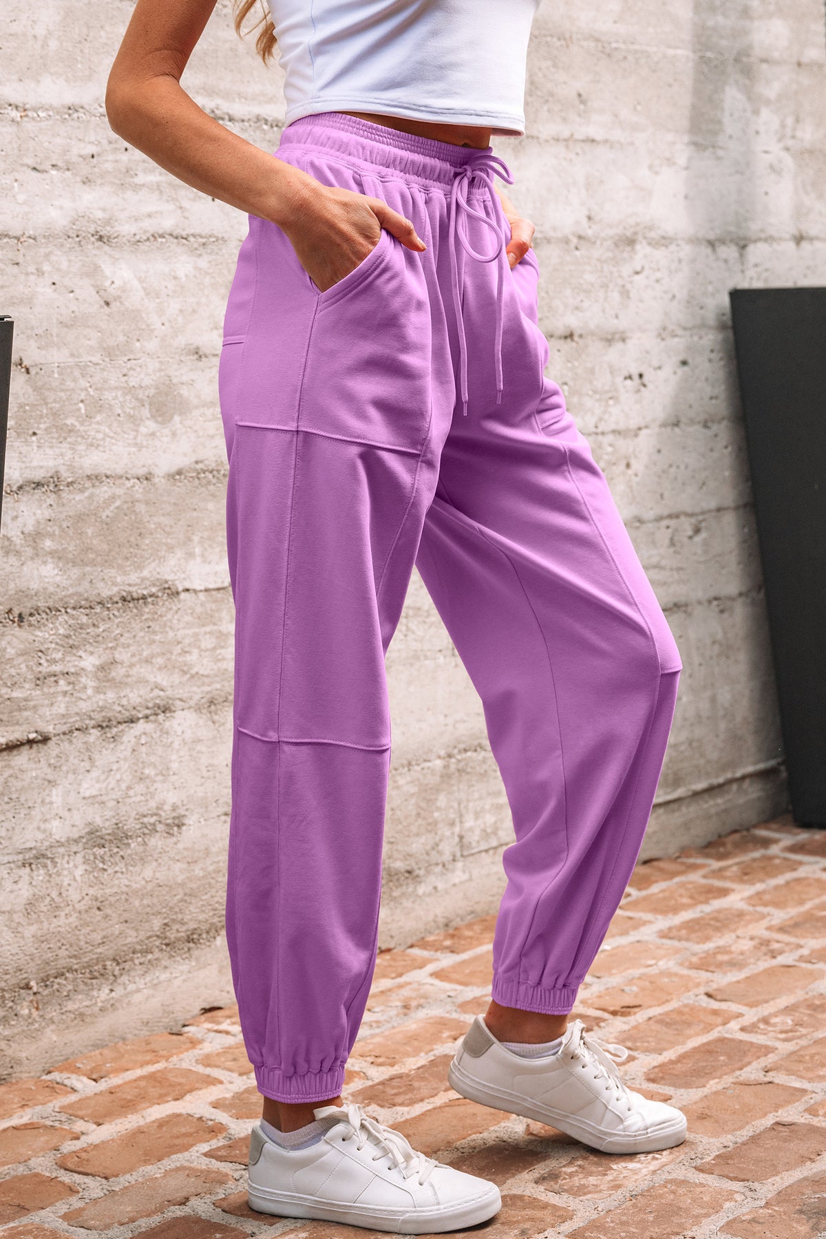 Lilac Drawstring Elastic Waistband Solid Jogger Pants