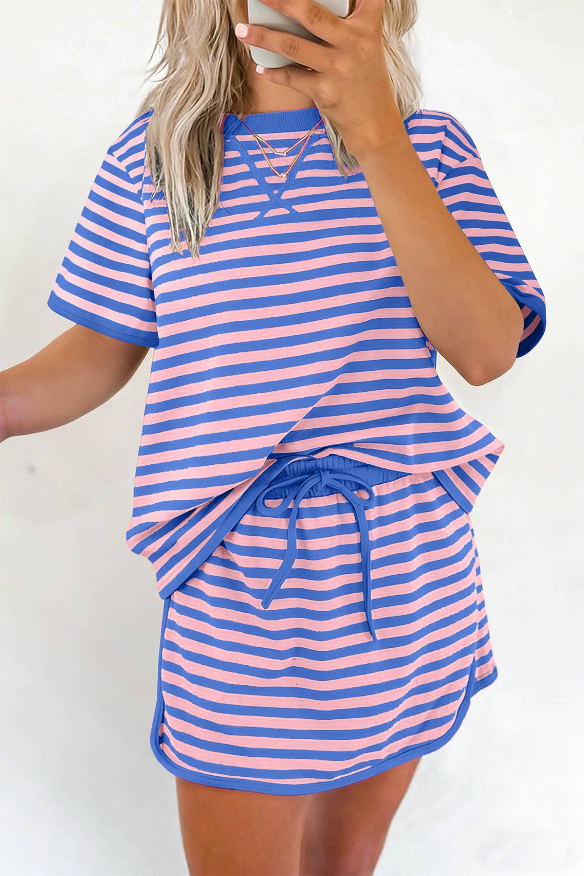 Women's Blue Stripe Relaxed Short-Sleeve Top Skort Two-Piece Set