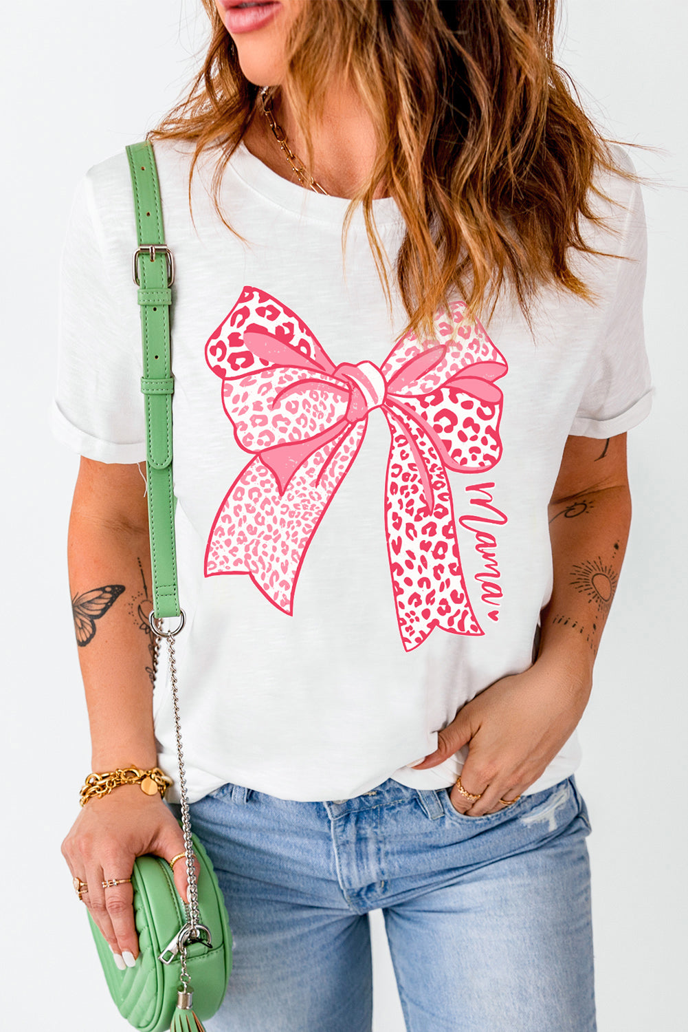 White Leopard Bow Graphic Mothers Day Fashion T-Shirt