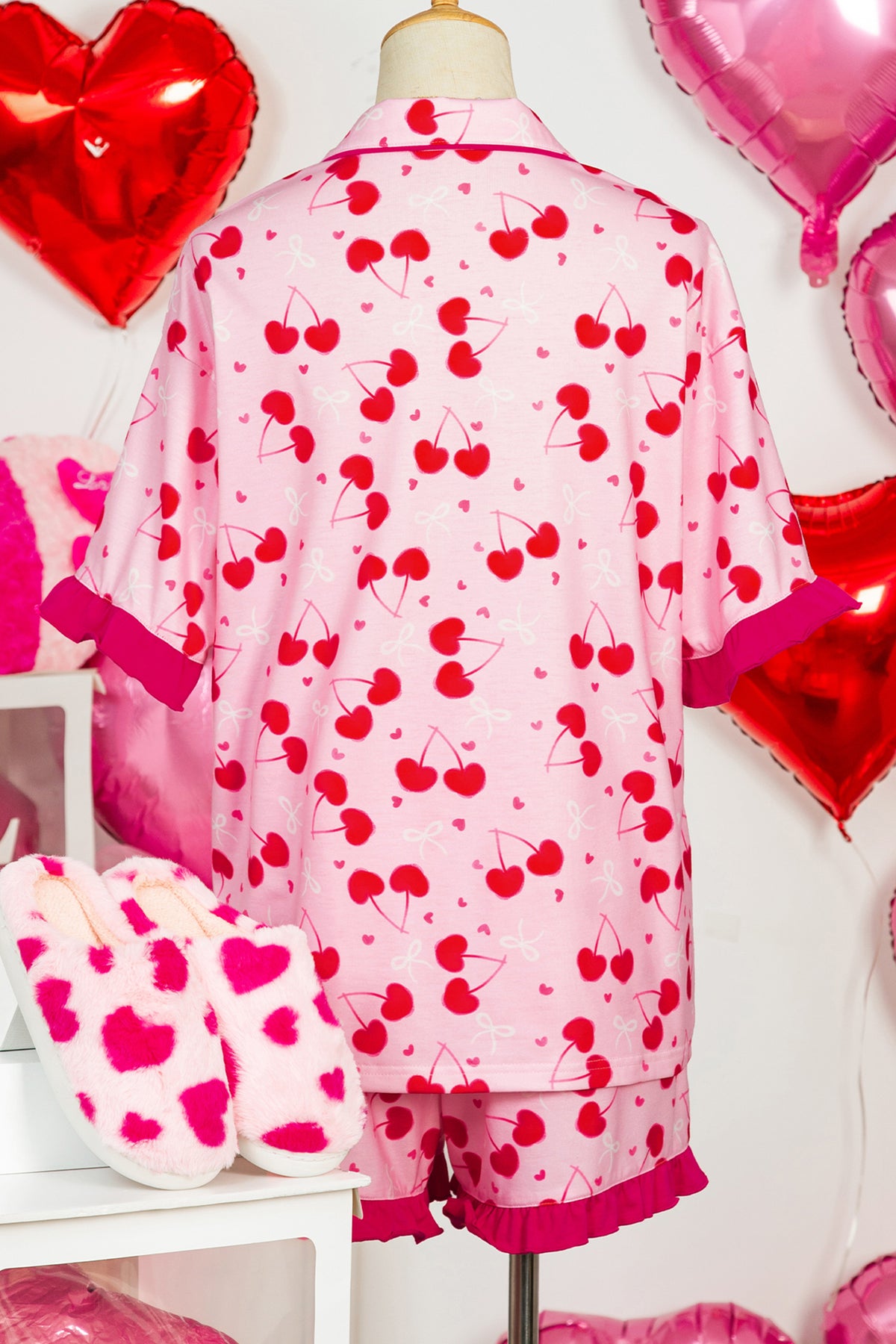 Rose Cherry Bow Mixed Print Scalloped Edge Short Pajama Set