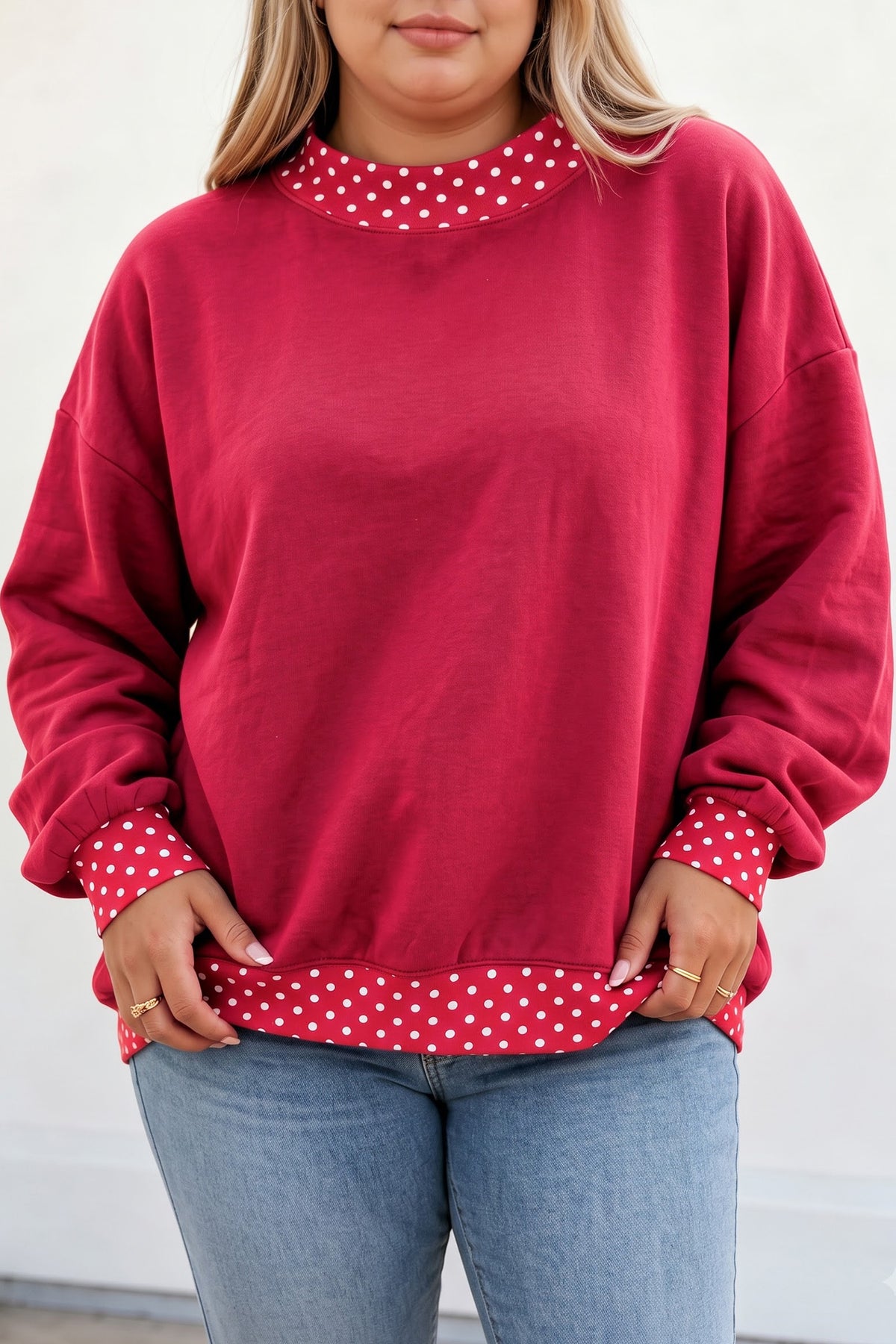 Red Dahlia Polka Dot Trim Plus Size Sweatshirt