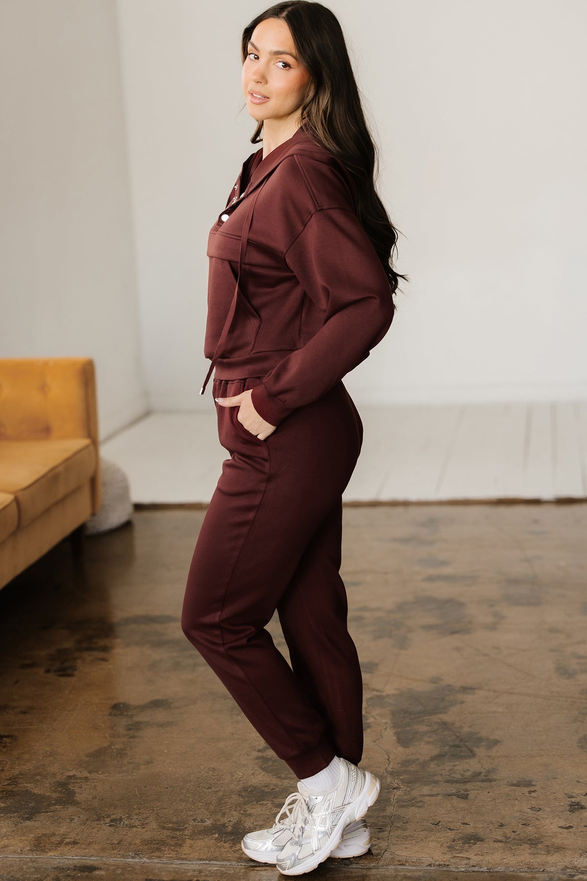 Women's Chicory Coffee Button Cropped Hoodie Jogger Two-Piece Set