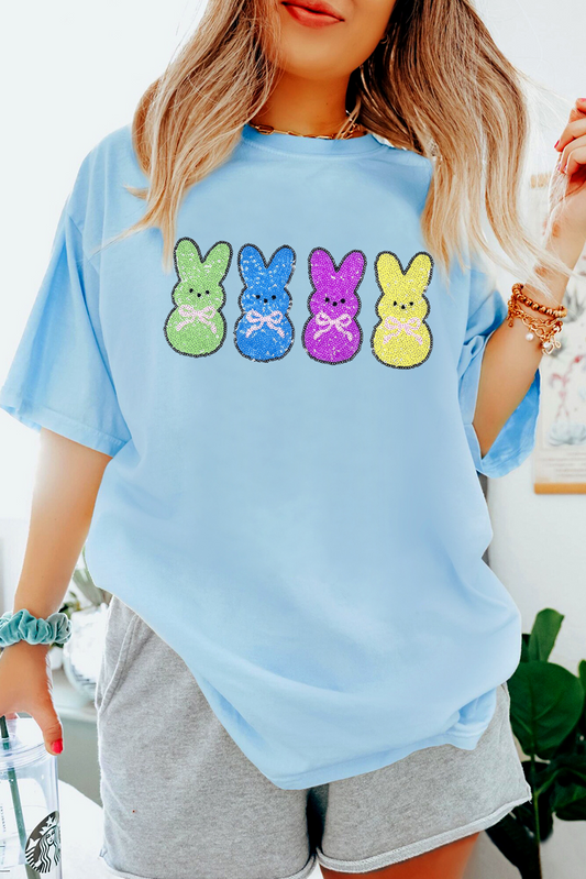 Light Blue Sequin Bunny Doll Graphic Casual T-Shirt