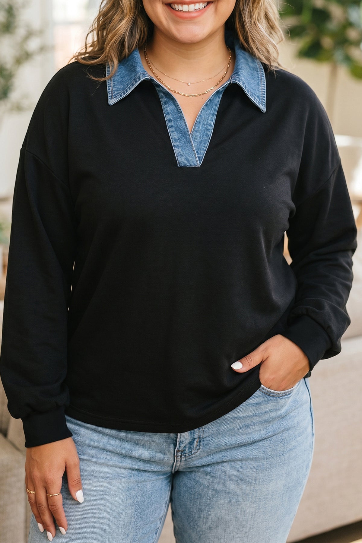 Black Solid V-Neck Tunic Shift Long-Sleeve Plus Size Blouse