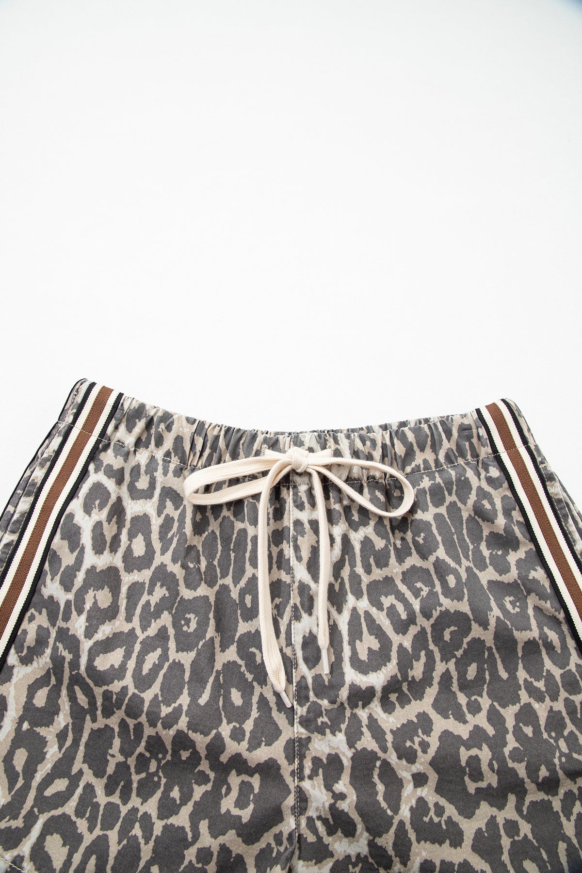 Multicolour Leopard Pattern Striped Drawstring Denim Shorts