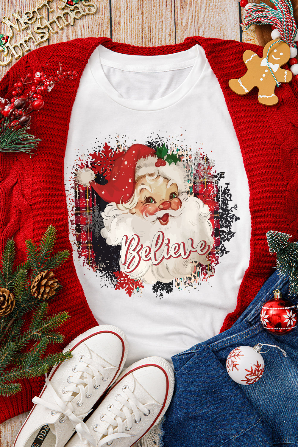 White Believe Christmas Father Graphic Crewneck T-Shirt