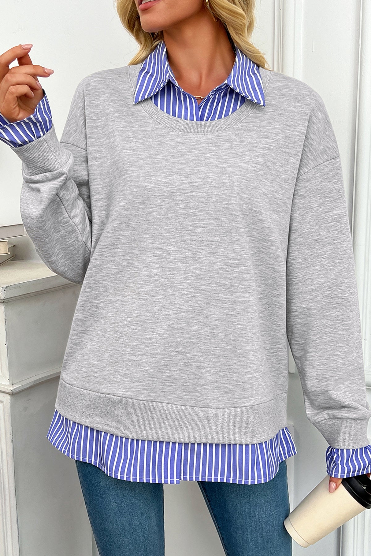 Light Grey Striped Collar 2-in-1 Patchwork Sweatshirt