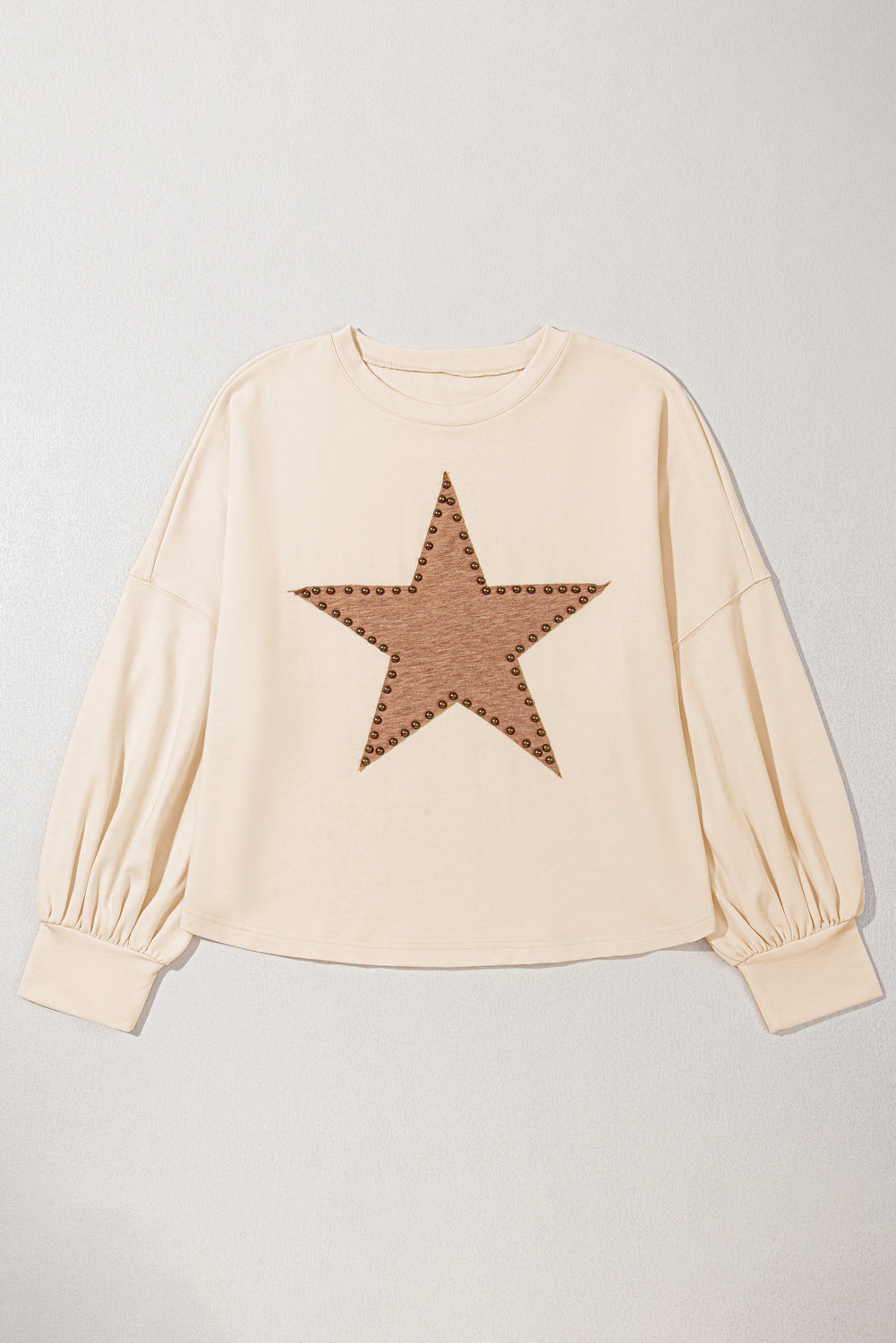 Beige Star Shape Studded Crew Neck Plus Size T-Shirt