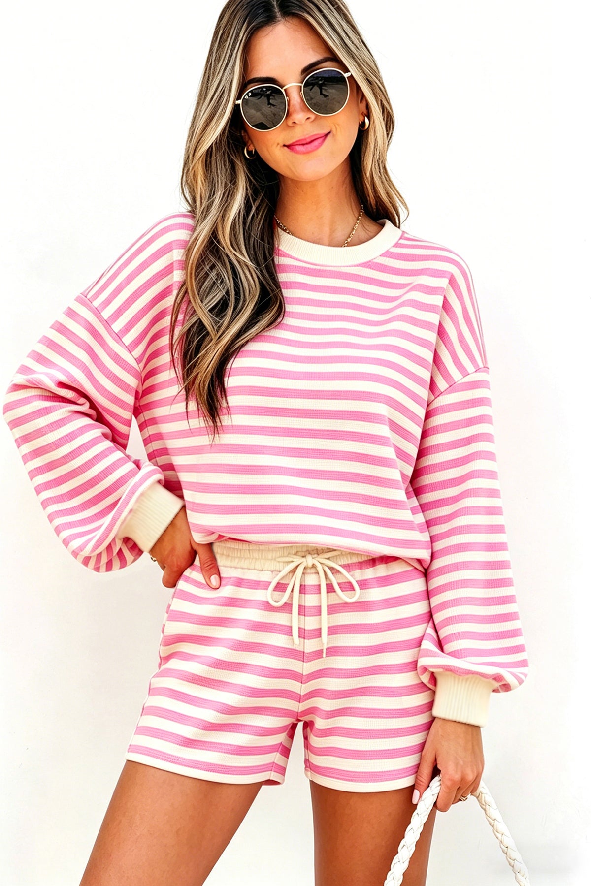 Women's Pink Striped Long-Sleeve Crewneck Drawstring Waist Shorts Set