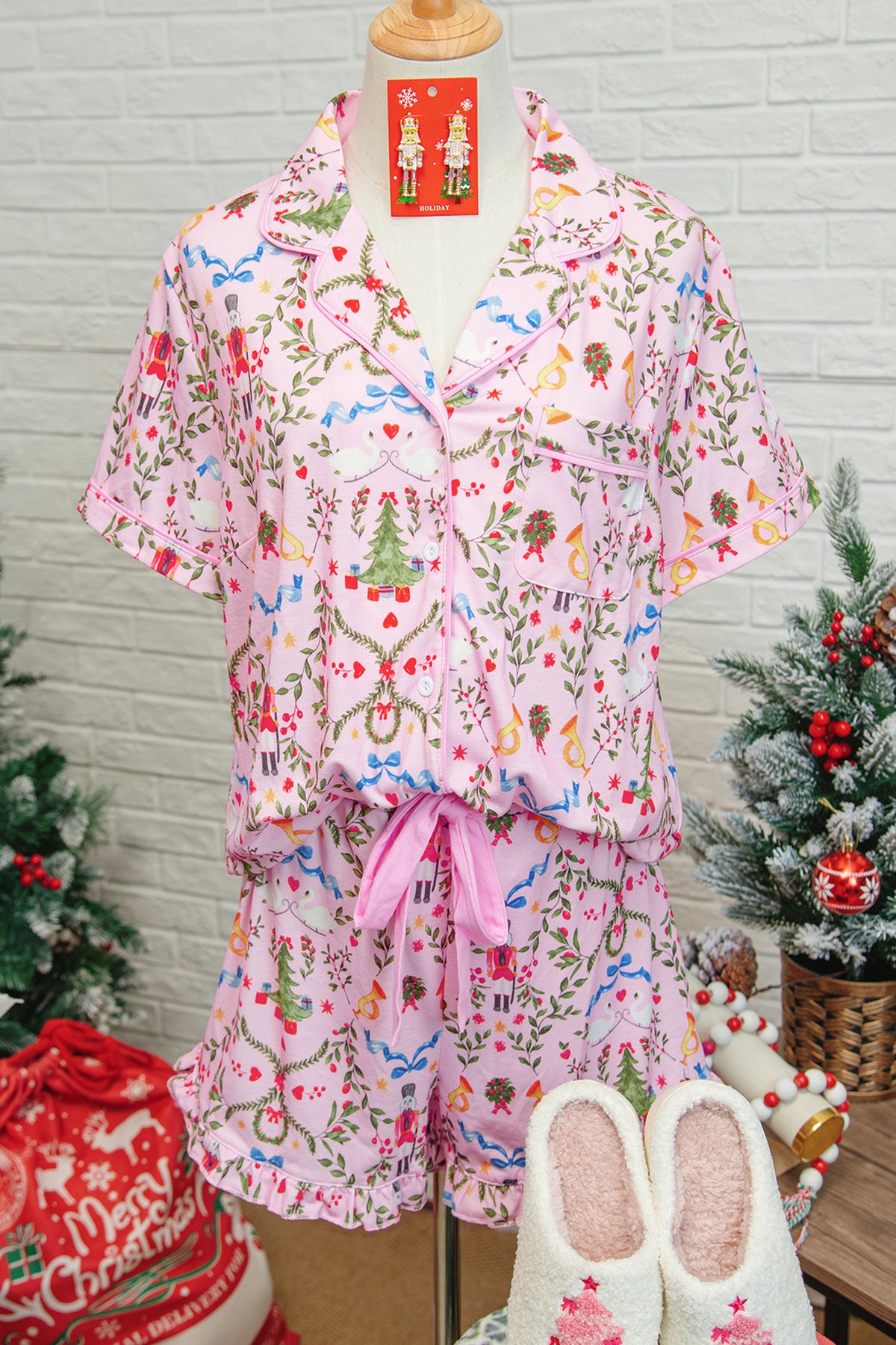 Pink Nutcracker Doll Christmas Print Tie Waist Short Pajama Set