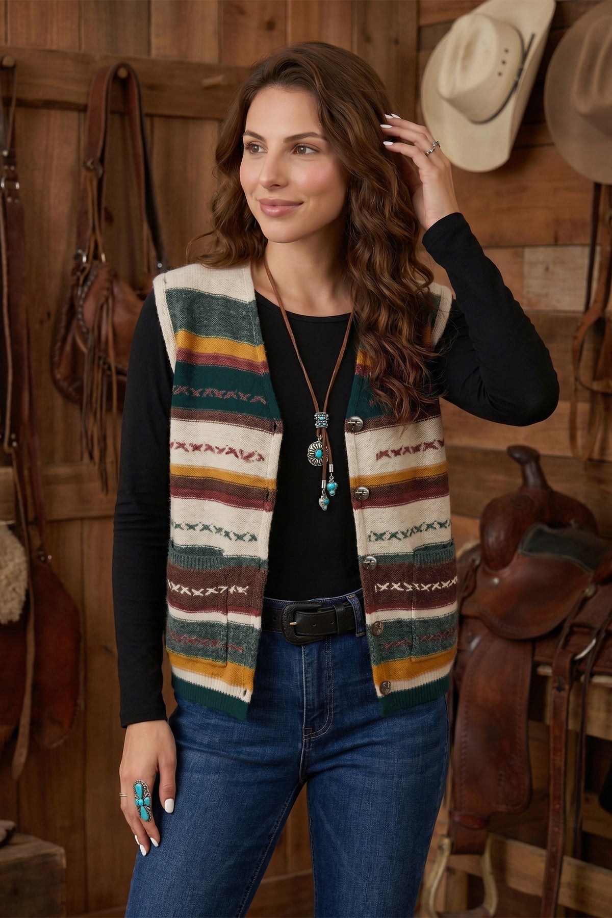 Multicolour Striped Button Front Sleeveless Knit Sweater Vest