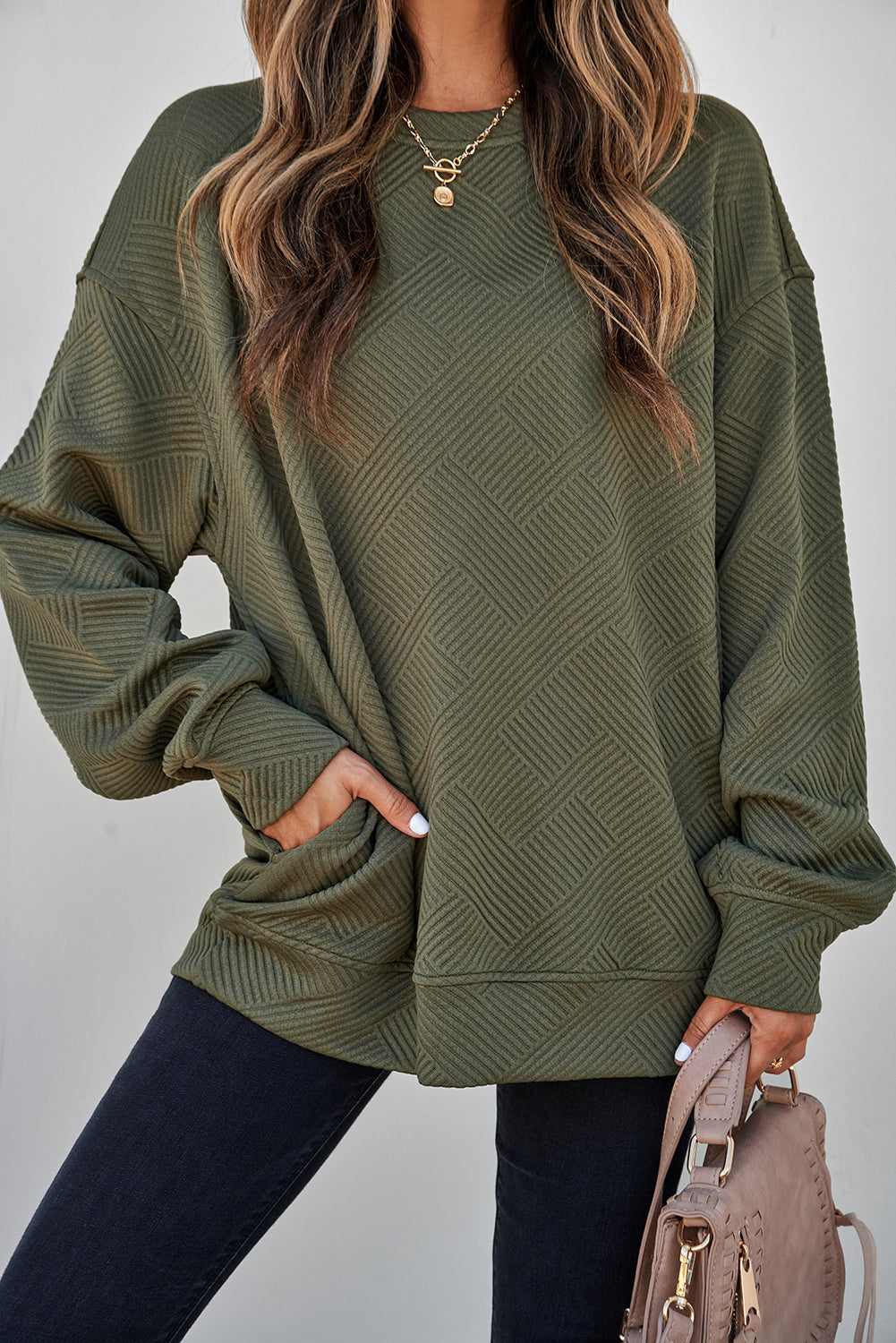 White Solid Color Textured Round Neck Sweatshirt