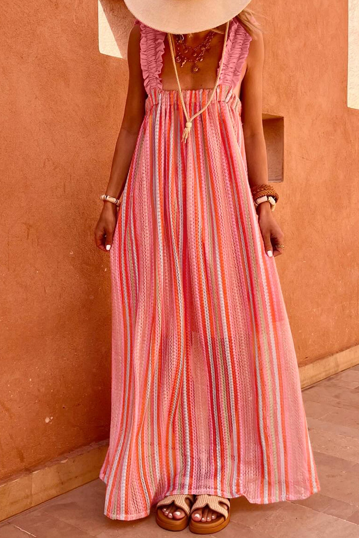 Pink Stripe Ruffle Bow Maxi Dress