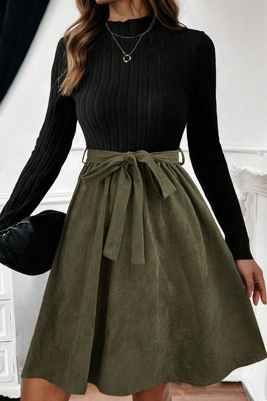 Black Ribbed Knit Slim Bodice Flared Skirt Patchwork Belted Dress