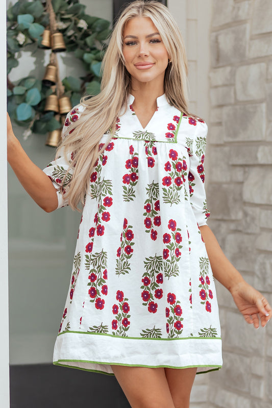 White Frilled V Neck 3/4 Sleeve Loose Floral Dress