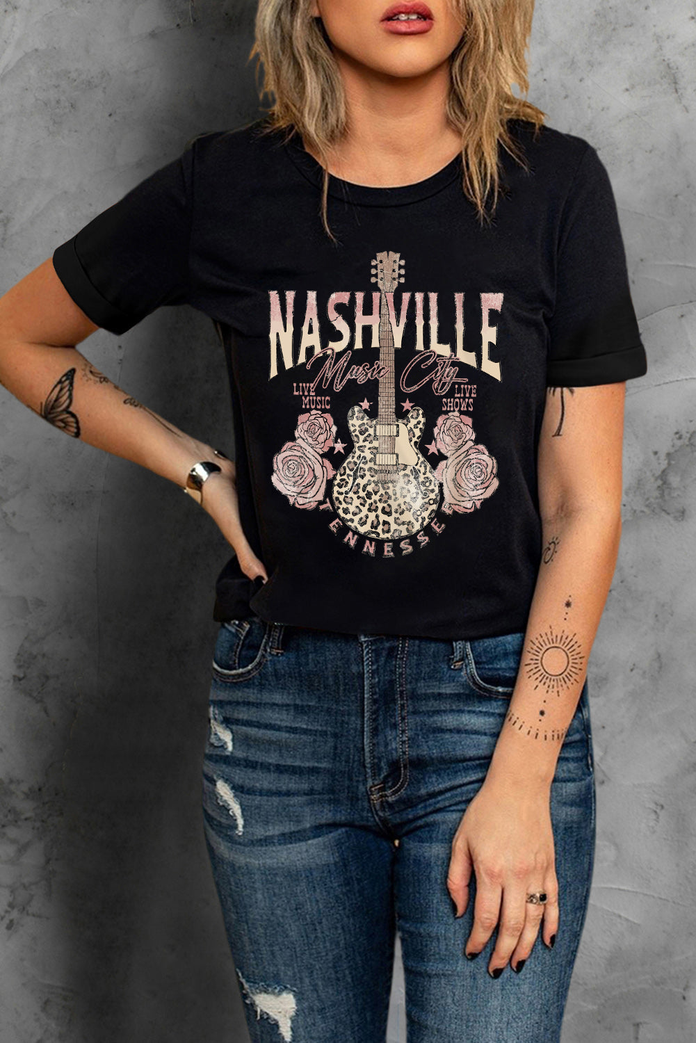 Black Nashville Music City Leopard Guitar Graphic T-Shirt