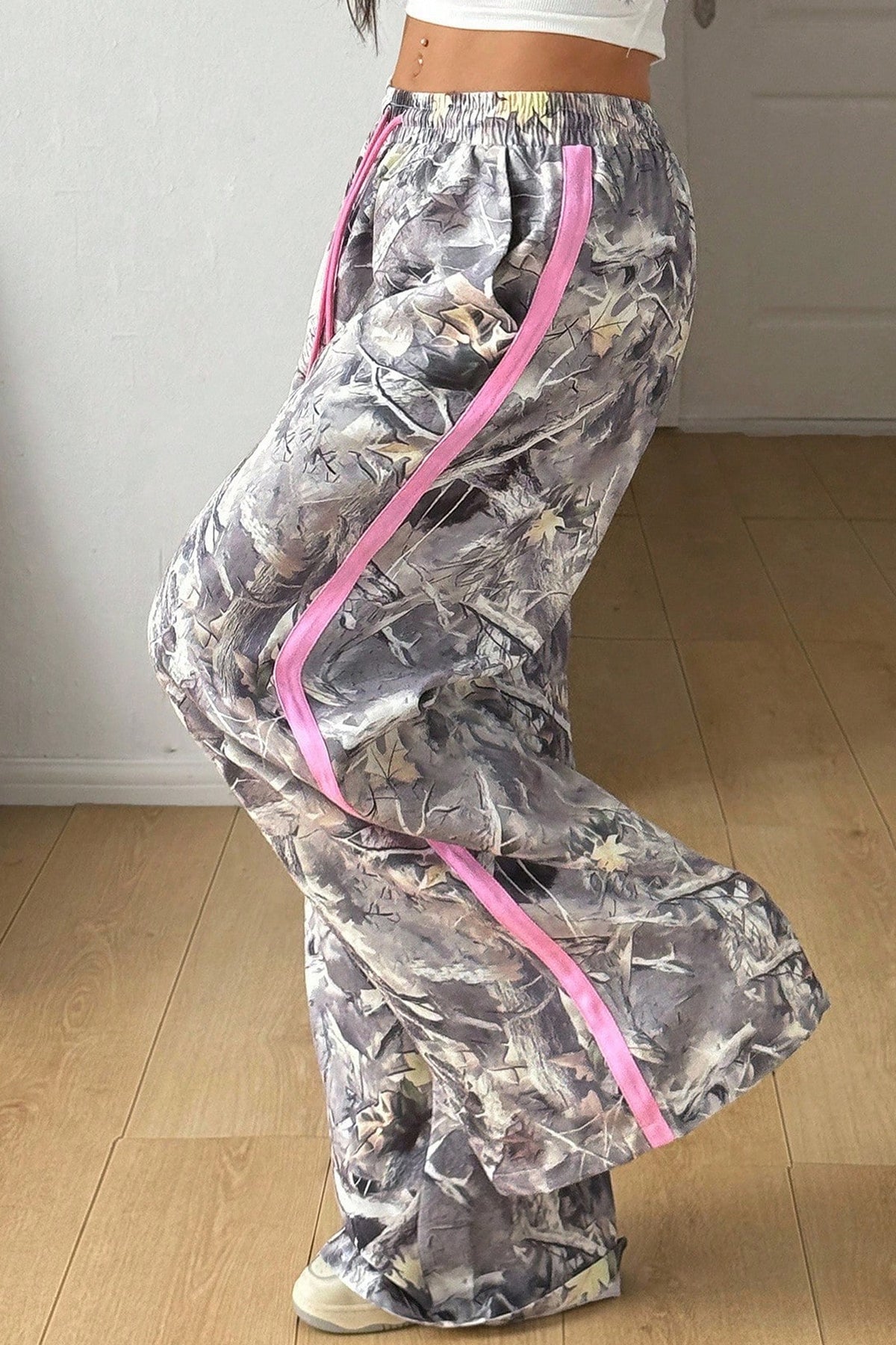Gray Camo Woodland Print Color Block Drawstring Wide Leg Sweatpants