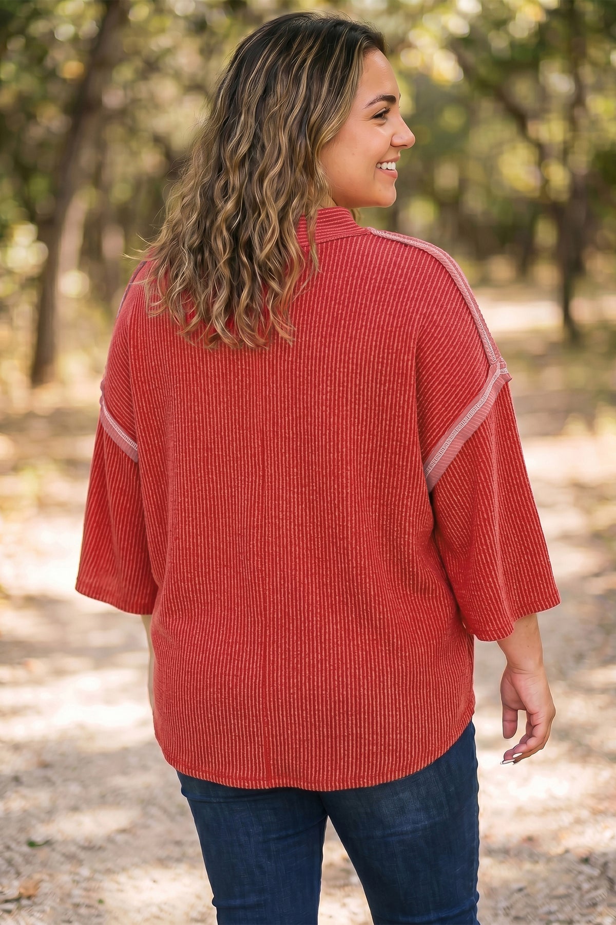 Fiery Red Ribbed Tunic Round-Neck Bracelet Sleeve Plus Size Blouse